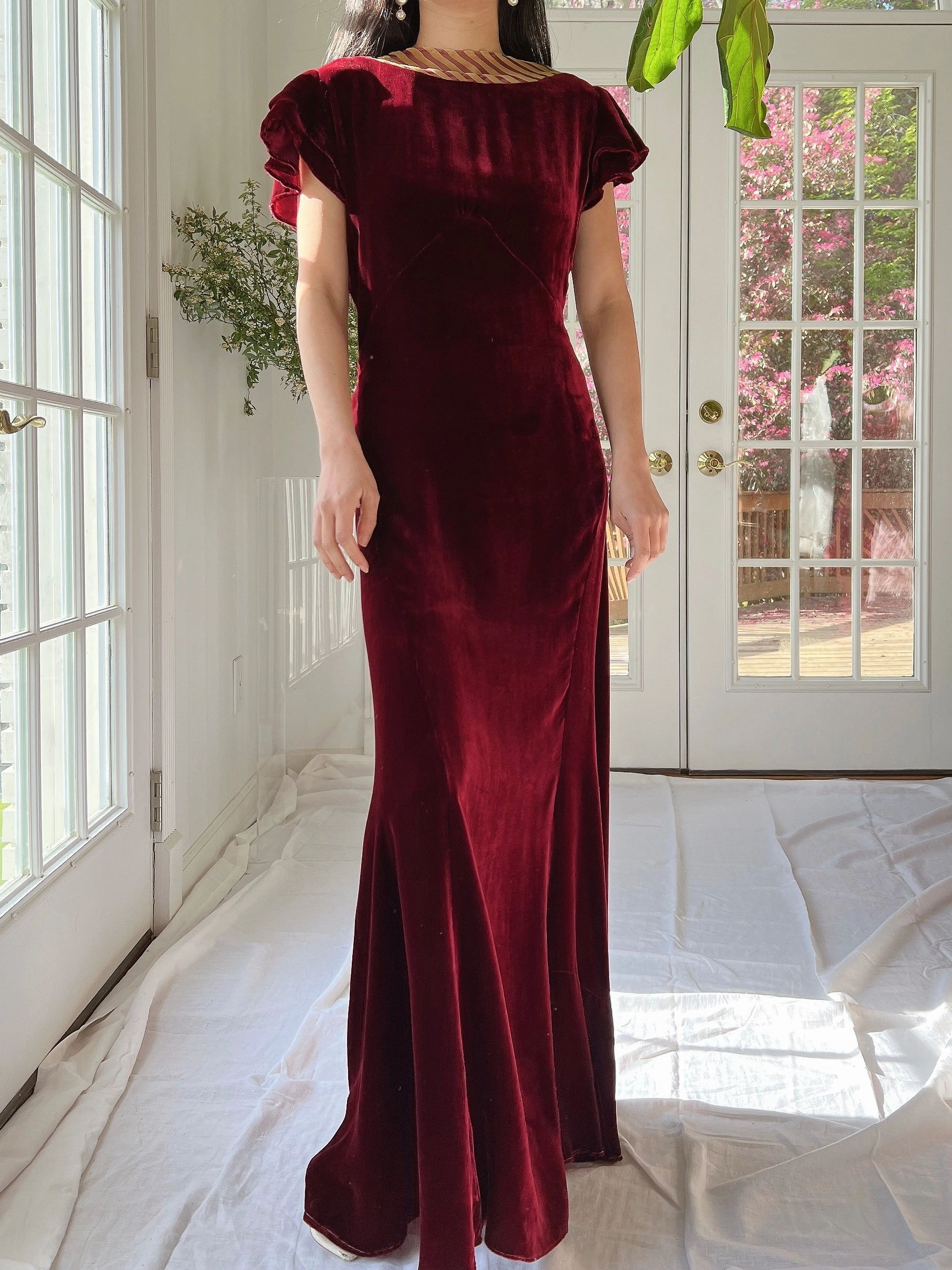 1930s Ruby Silk Velvet Gown with Jacket  - S