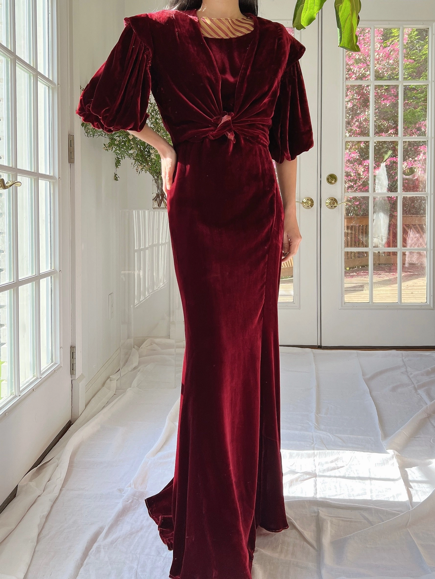 1930s Ruby Silk Velvet Gown with Jacket  - S