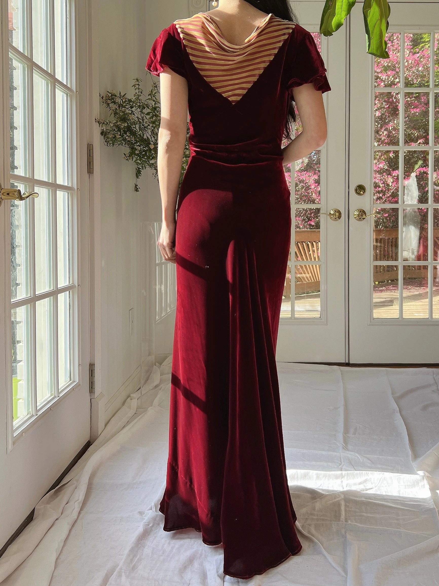 1930s Ruby Silk Velvet Gown with Jacket  - S