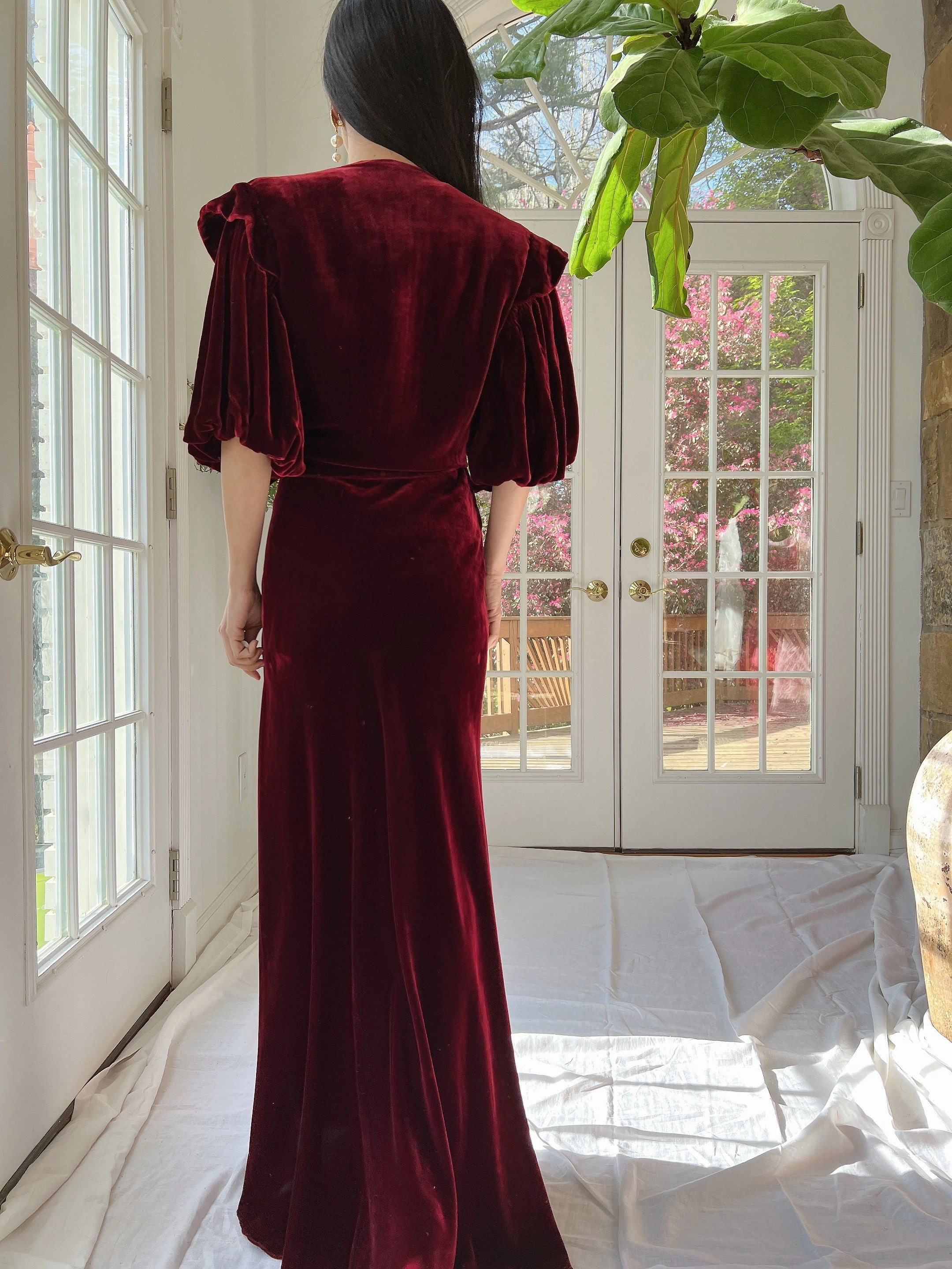 1930s Ruby Silk Velvet Gown with Jacket  - S