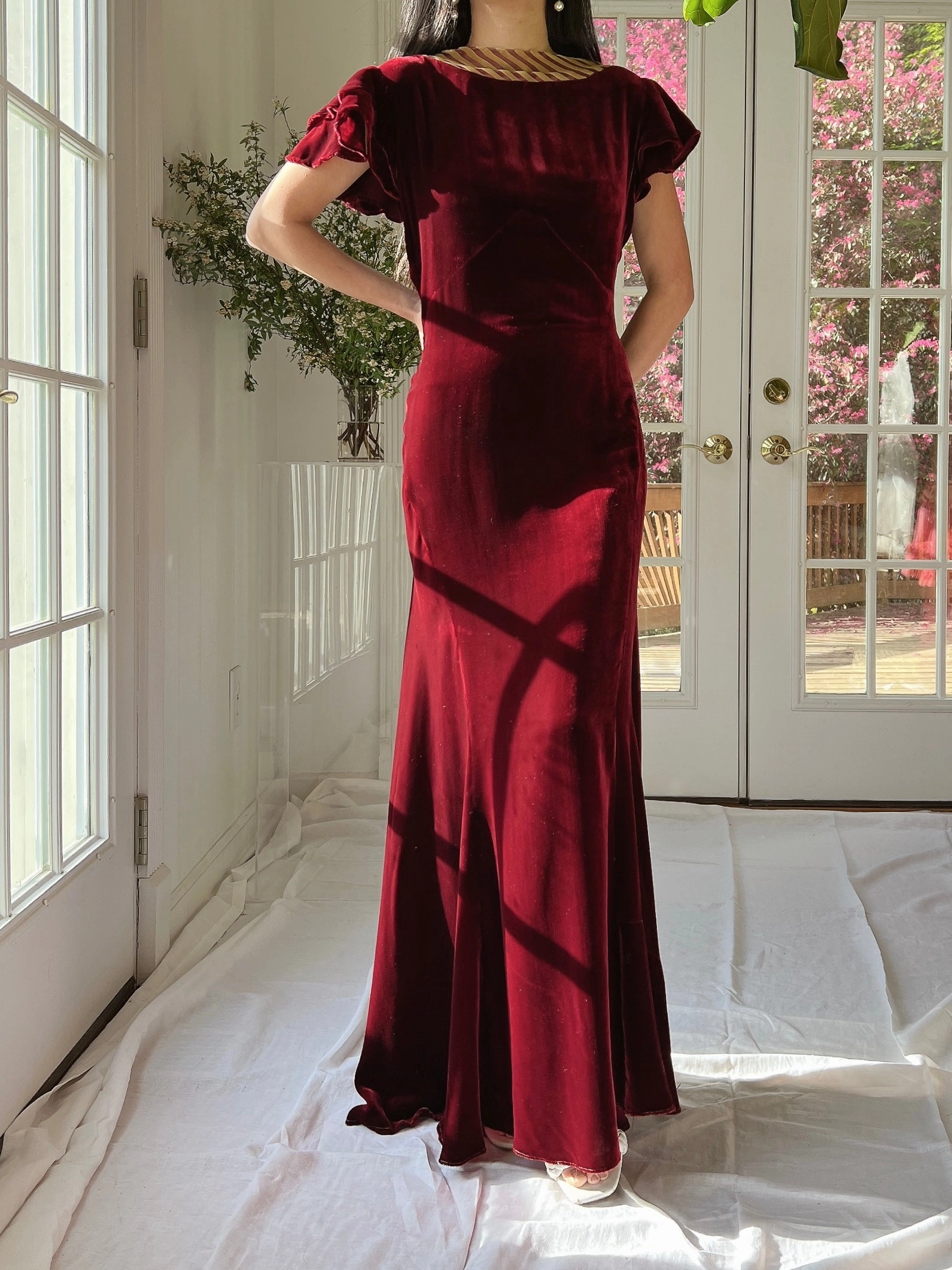 1930s Ruby Silk Velvet Gown with Jacket  - S