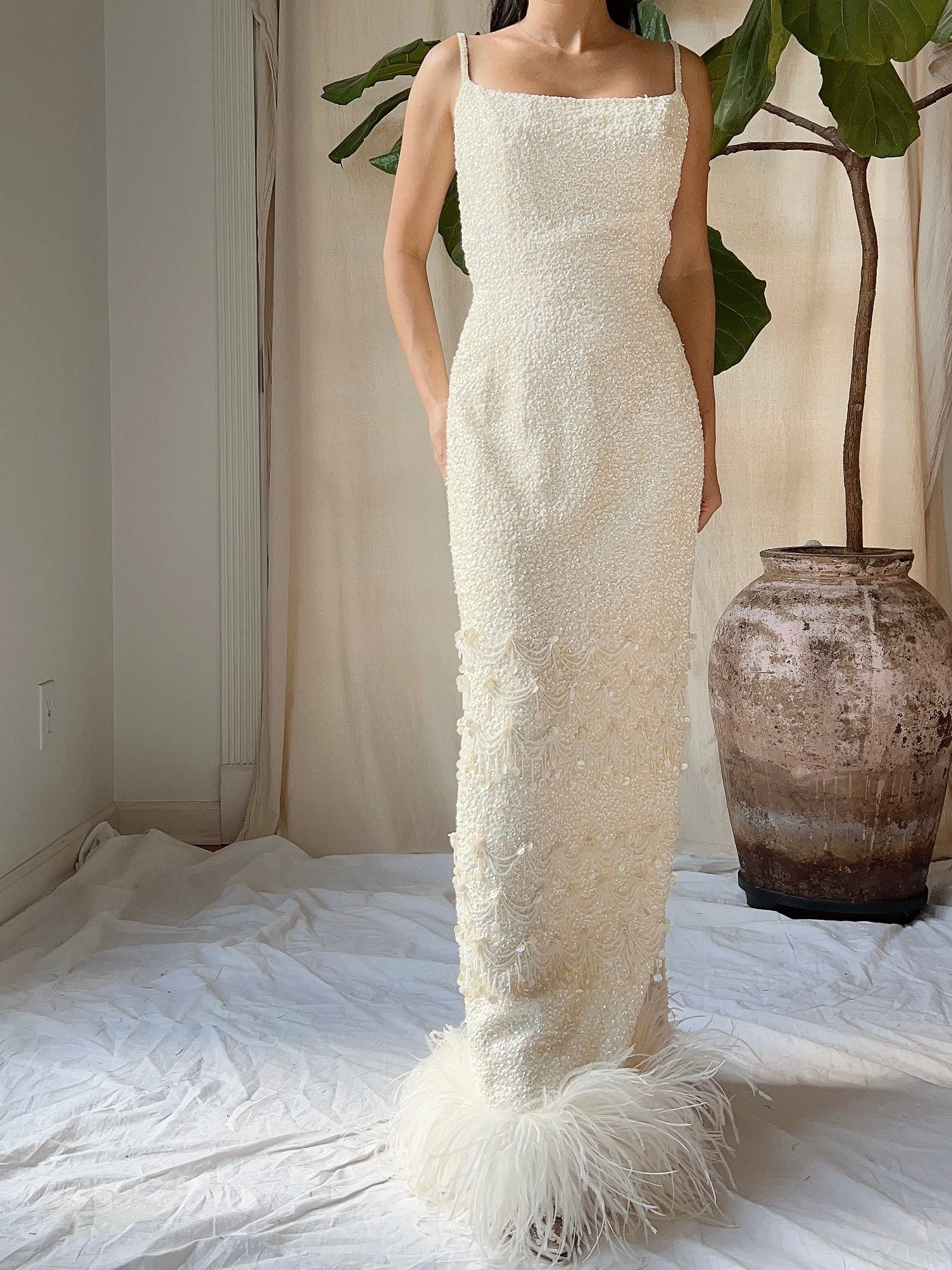 1960s Sequins Feather Hem Gown - SM