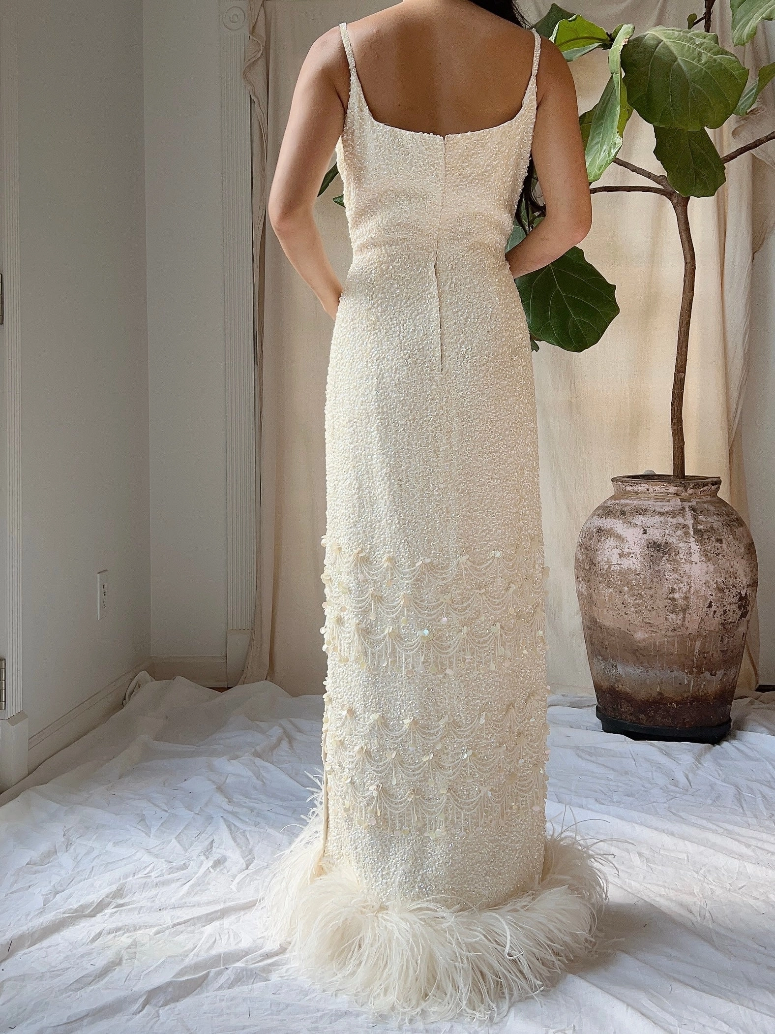 1960s Sequins Feather Hem Gown - SM