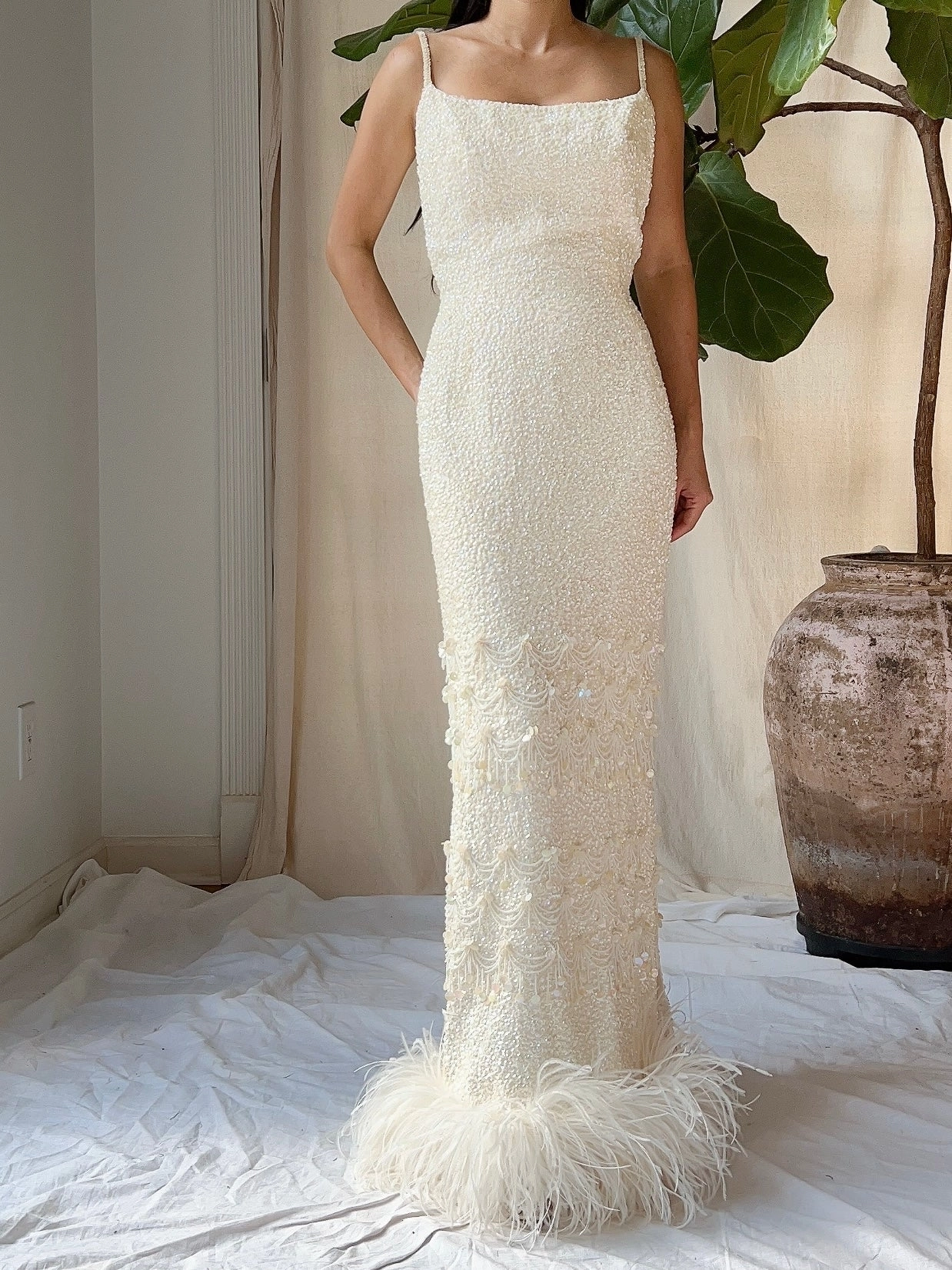 1960s Sequins Feather Hem Gown - SM