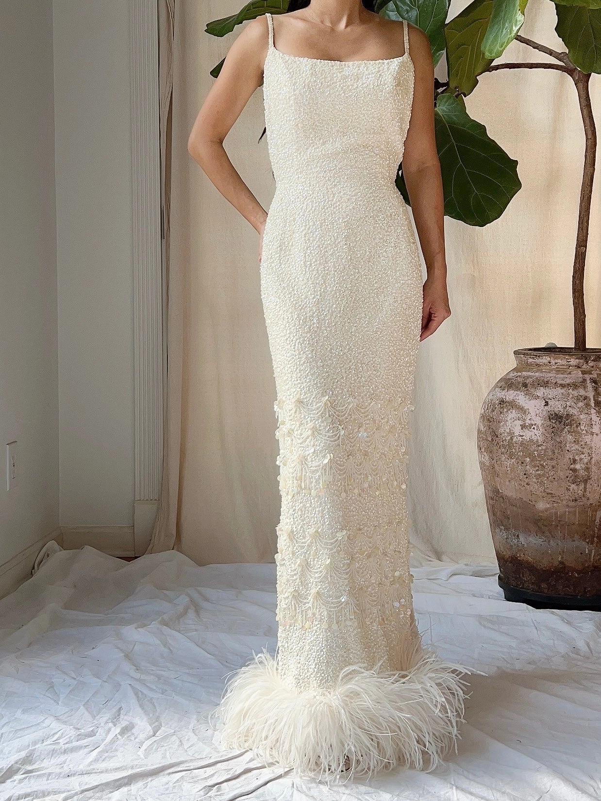 1960s Sequins Feather Hem Gown - SM