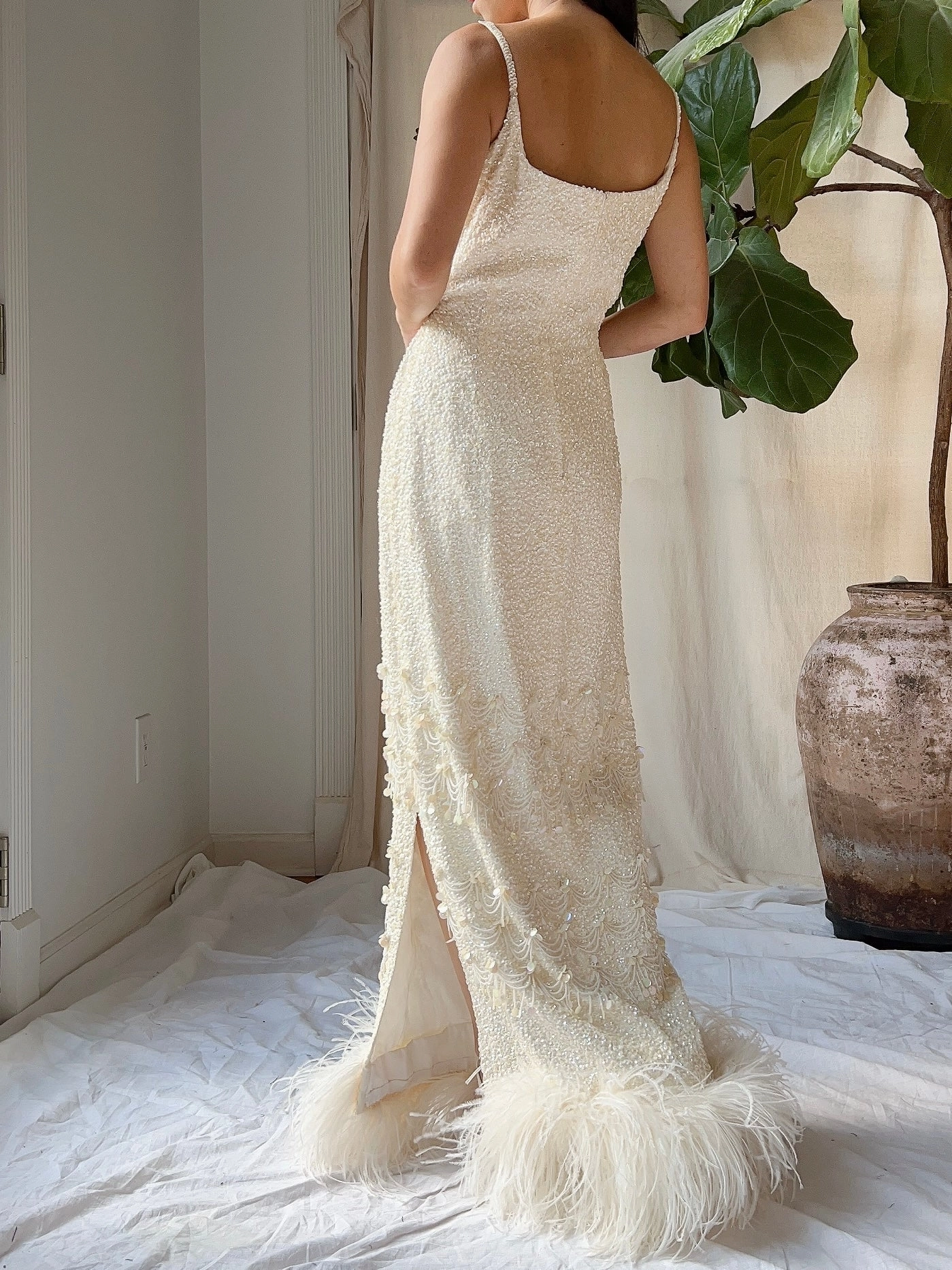 1960s Sequins Feather Hem Gown - SM