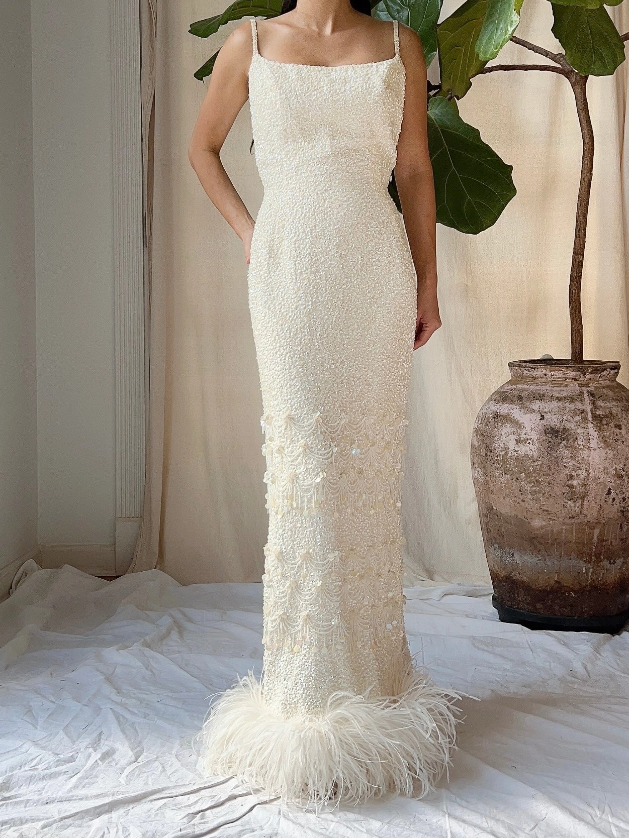 1960s Sequins Feather Hem Gown - SM