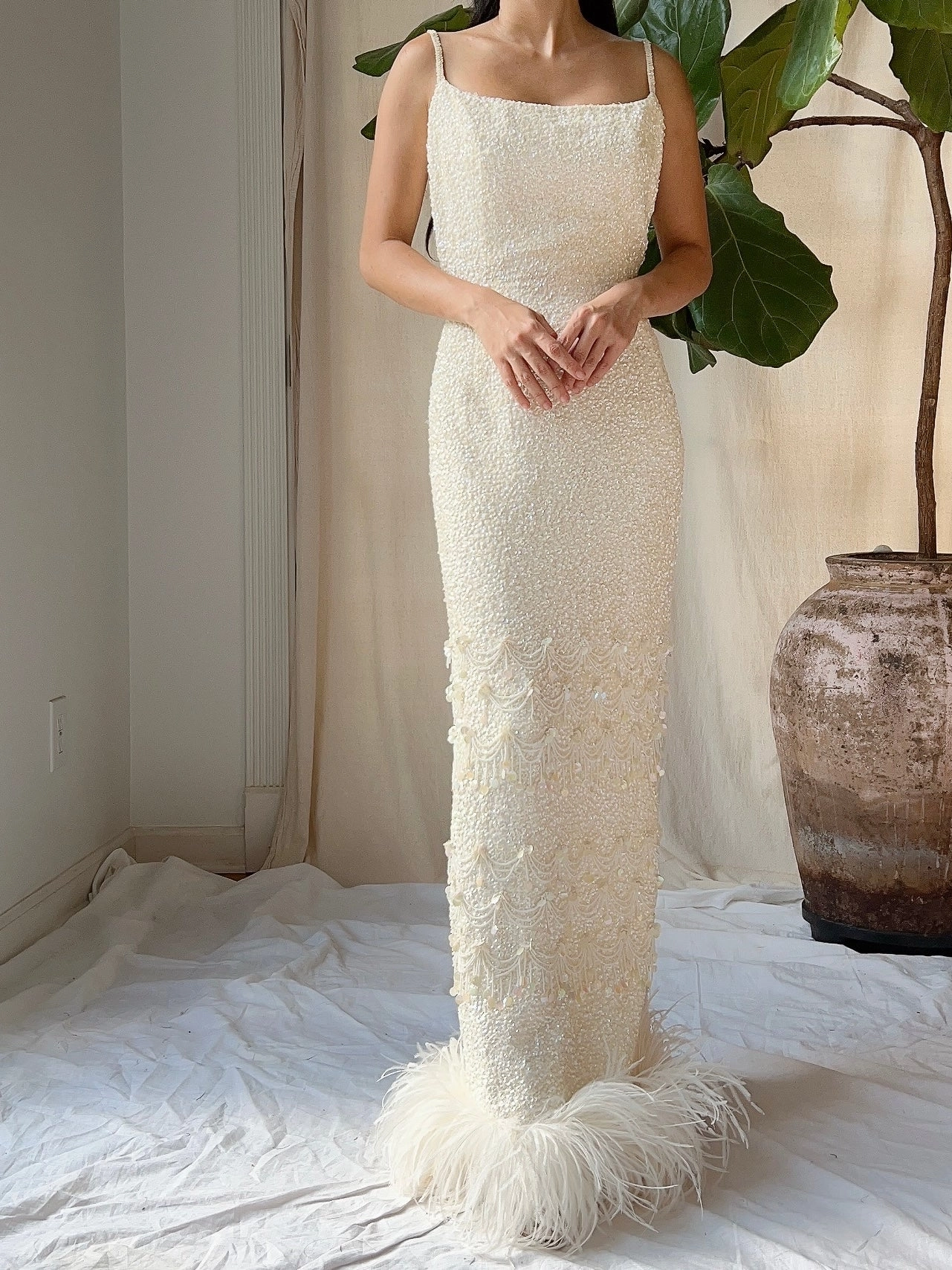1960s Sequins Feather Hem Gown - SM