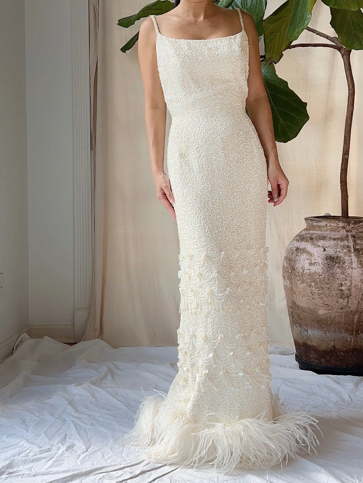 1960s Sequins Feather Hem Gown - SM