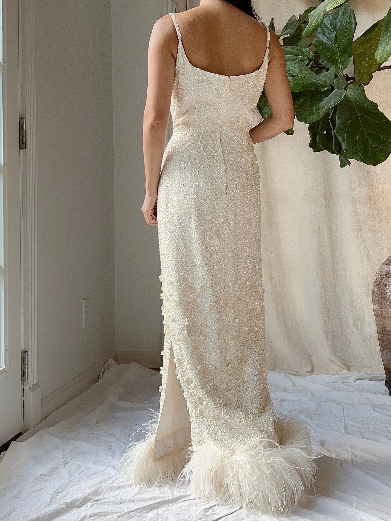 1960s Sequins Feather Hem Gown - SM