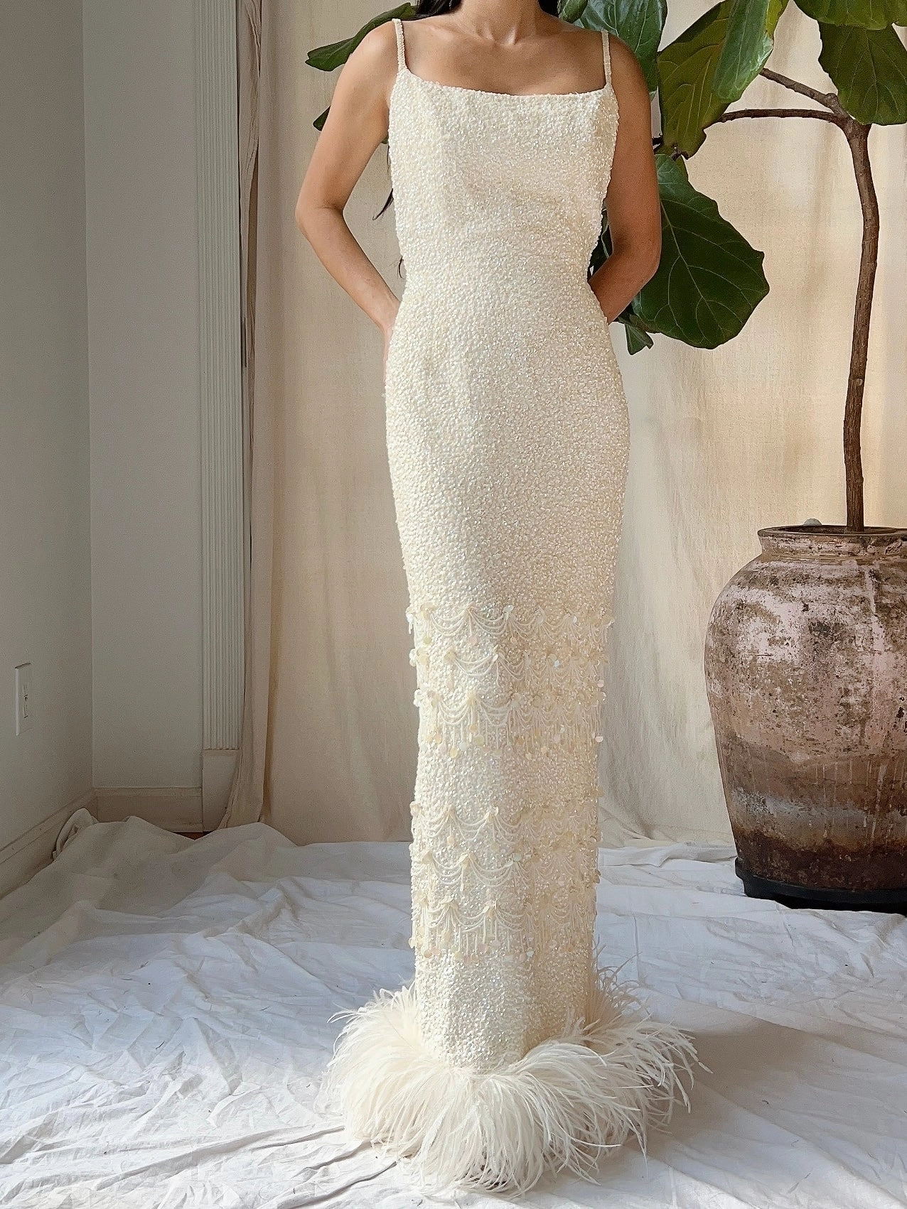 1960s Sequins Feather Hem Gown - SM