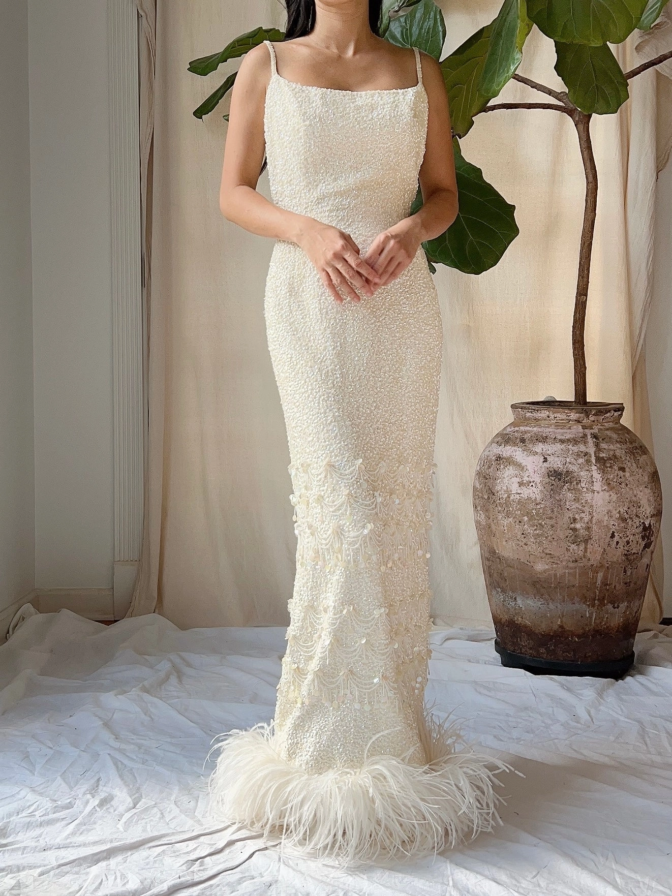 1960s Sequins Feather Hem Gown - SM
