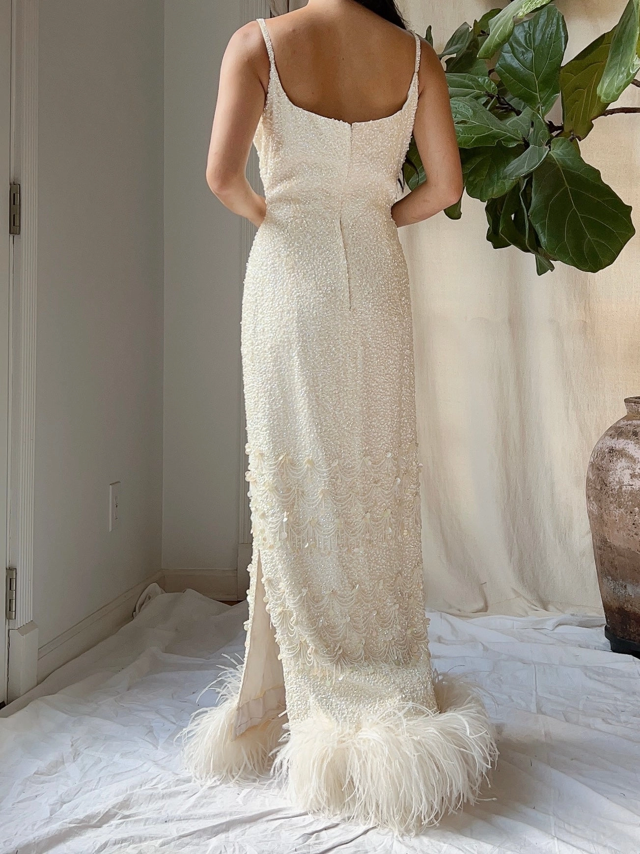 1960s Sequins Feather Hem Gown - SM