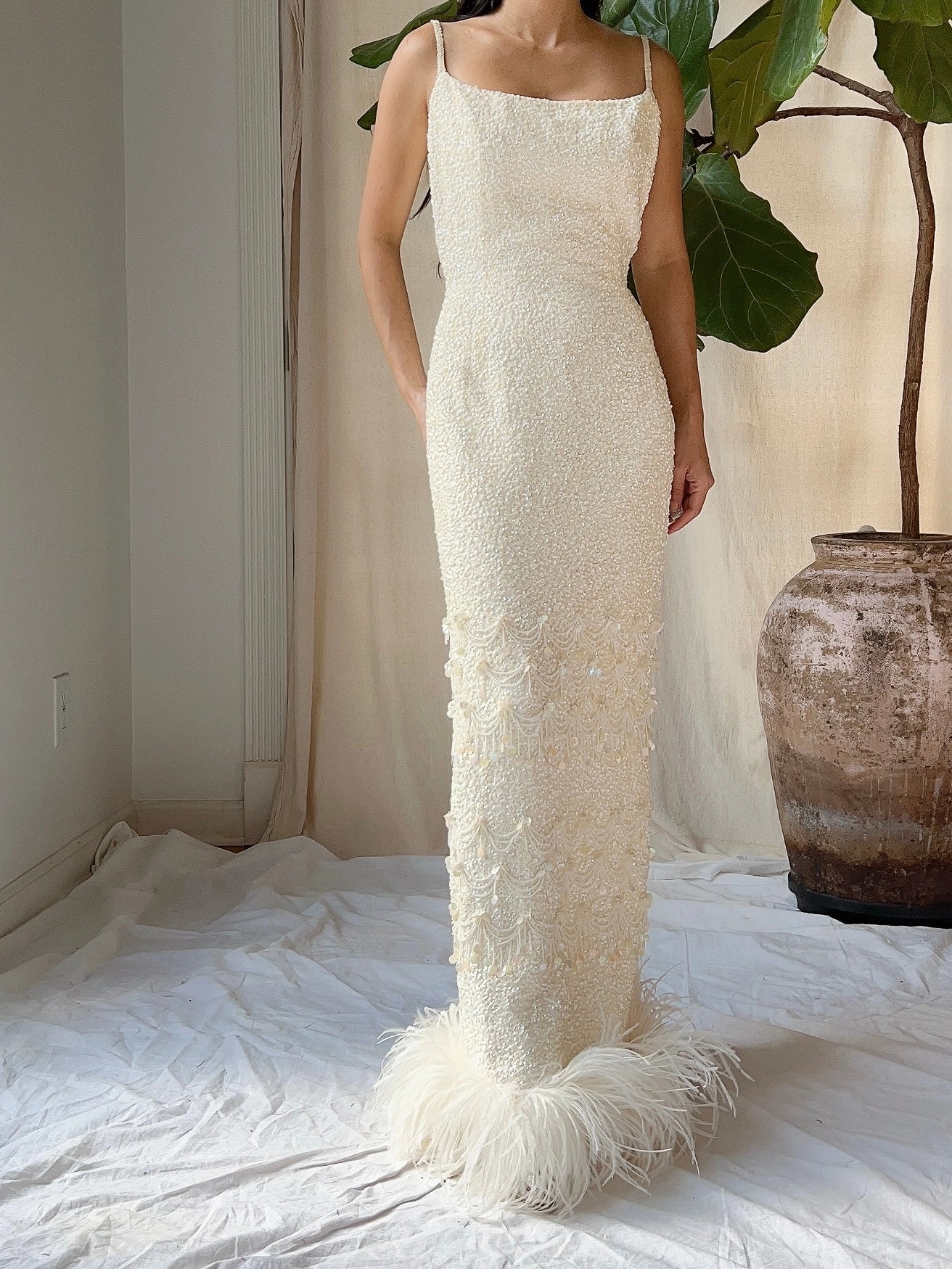 1960s Sequins Feather Hem Gown - SM