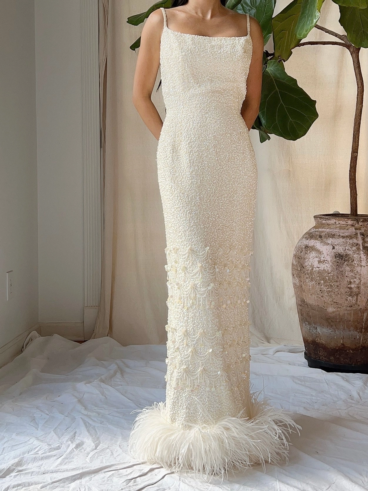 1960s Sequins Feather Hem Gown - SM