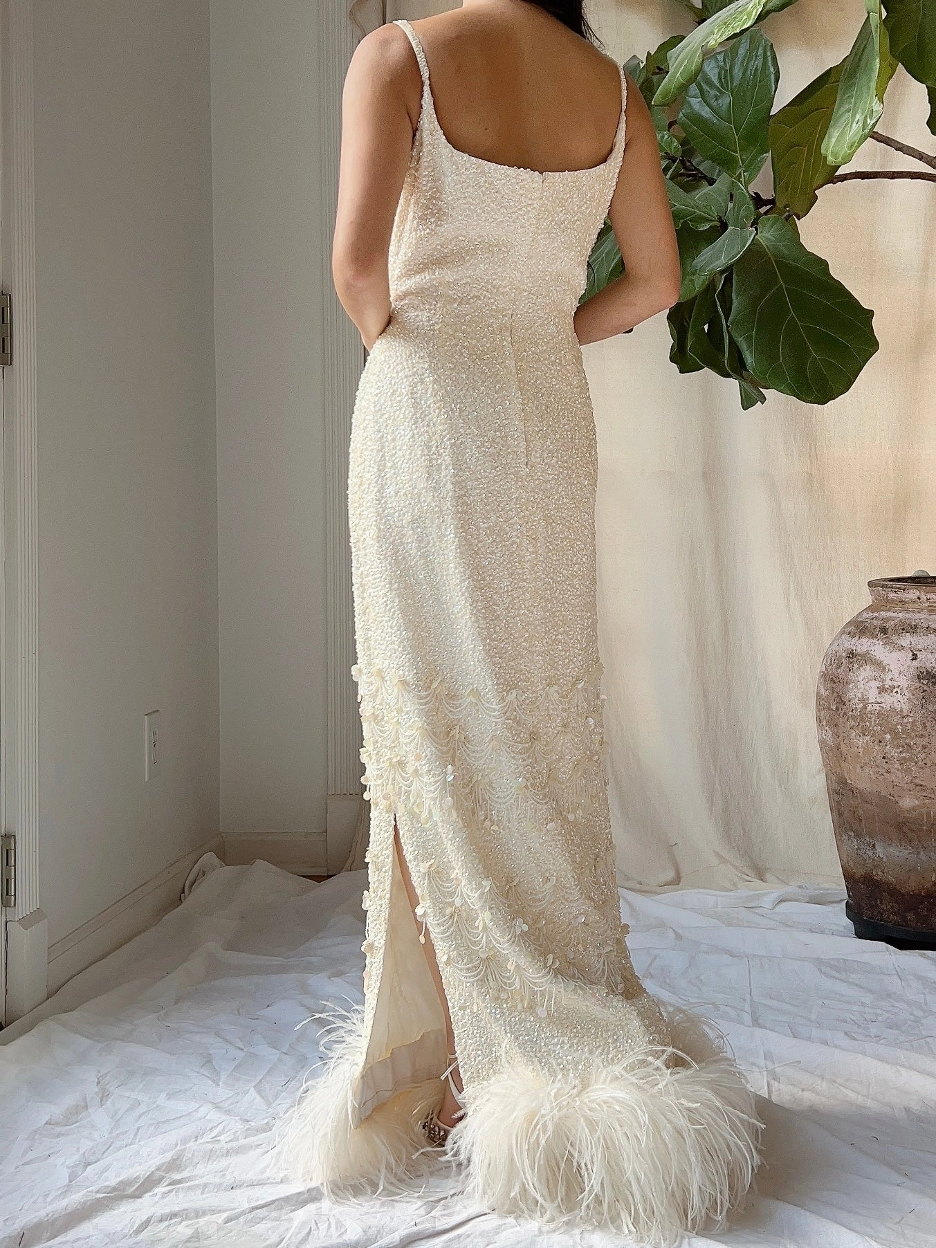 1960s Sequins Feather Hem Gown - SM
