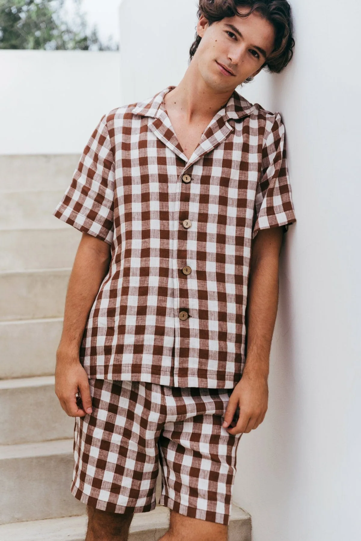 Aspen Men's Linen Loungewear Set | Mocha Gingham