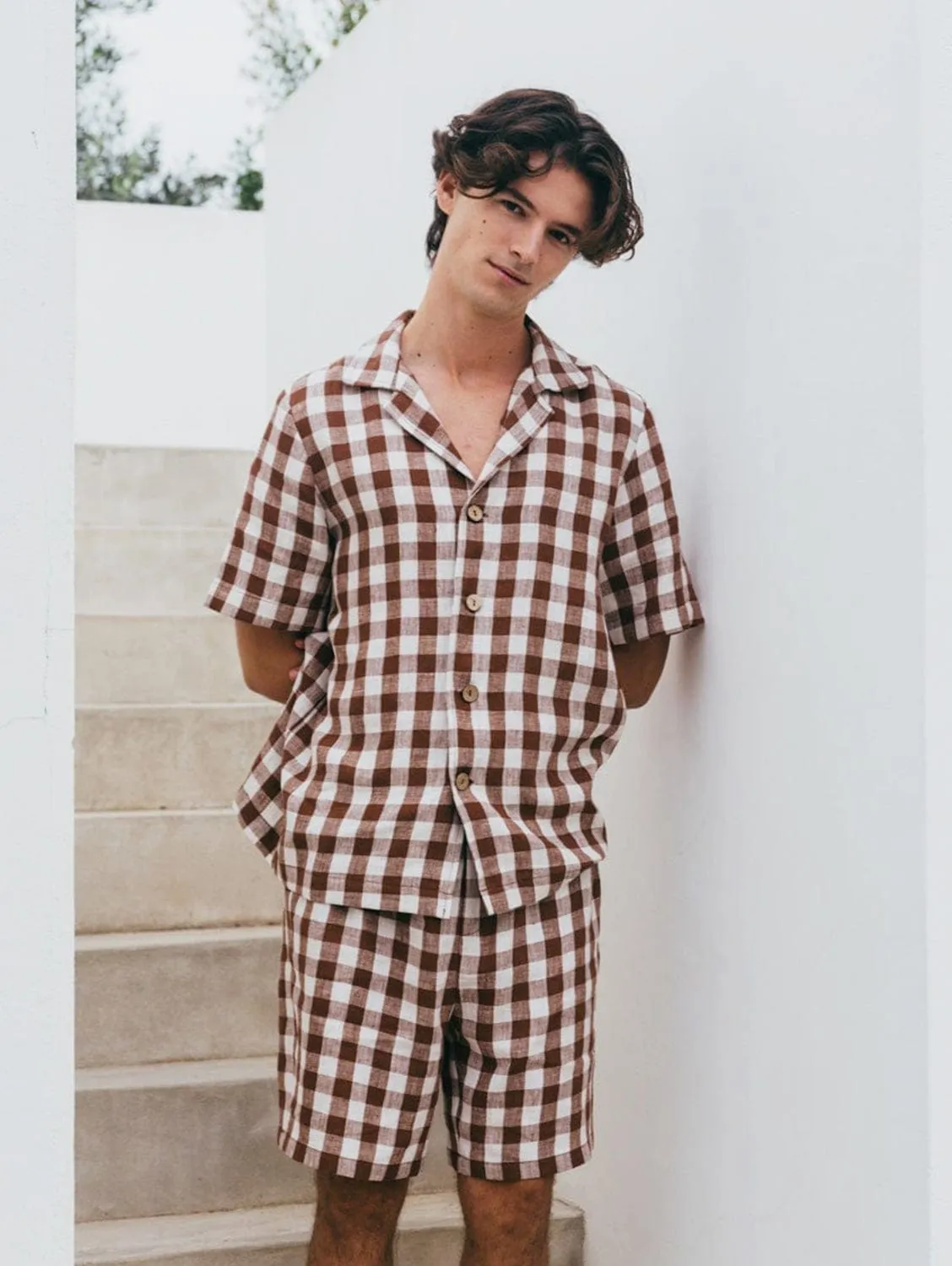 Aspen Men's Linen Loungewear Set | Mocha Gingham