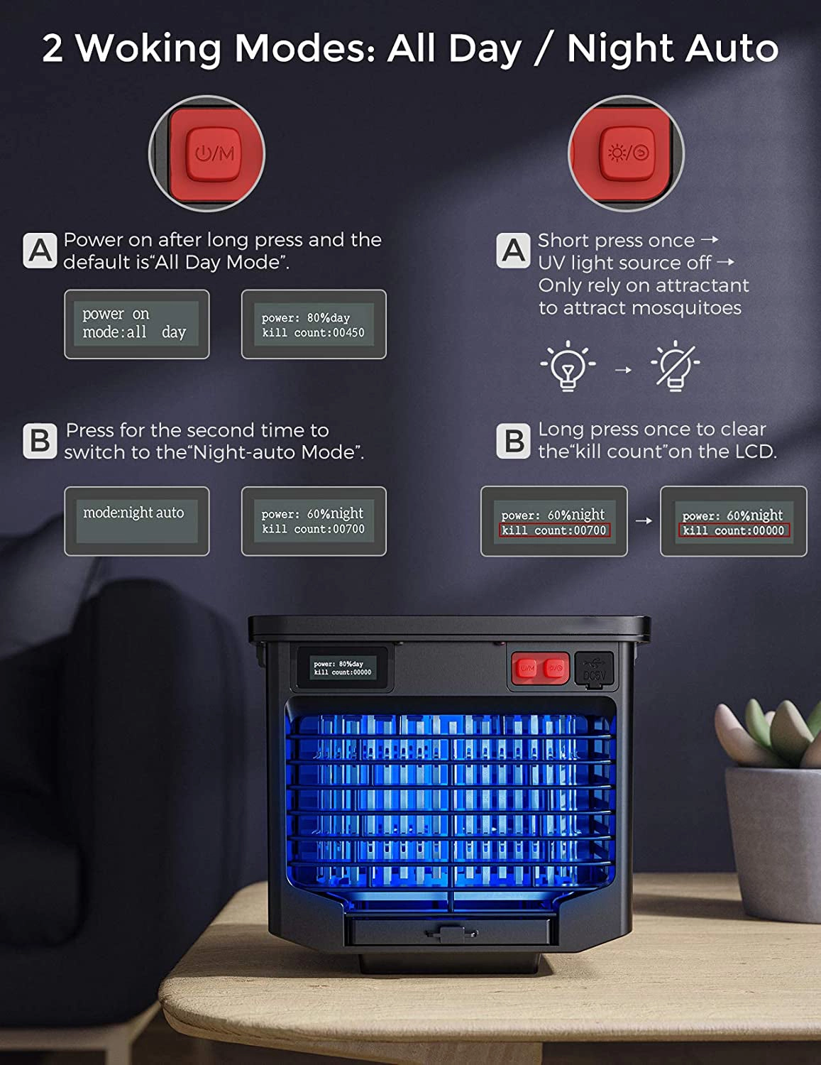 CD298 Bug Zapper Outdoor, Solar-Powered & USB Charge