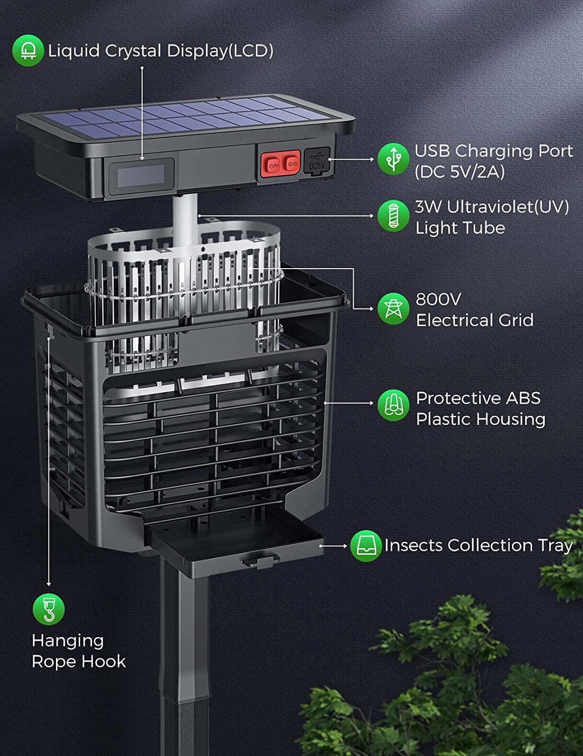 CD298 Bug Zapper Outdoor, Solar-Powered & USB Charge