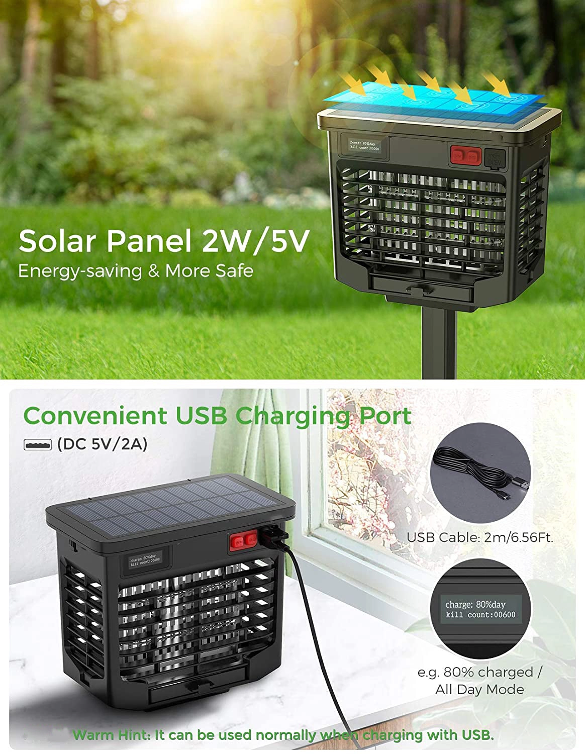 CD298 Bug Zapper Outdoor, Solar-Powered & USB Charge