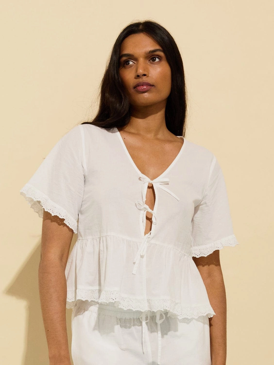 Emma Organic Cotton Broderie Detail Pyjama Top | Soft White