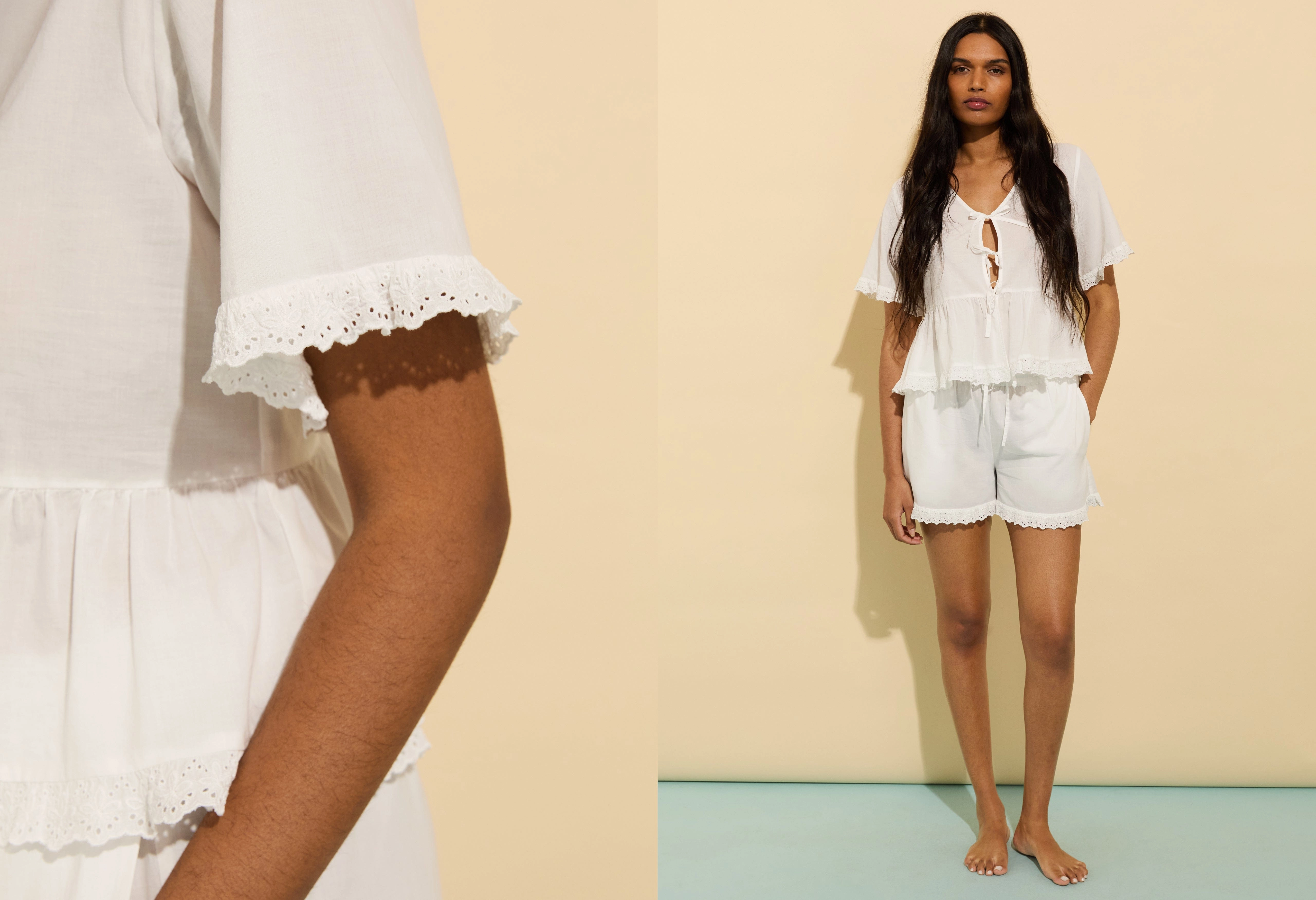 Emma Organic Cotton Broderie Detail Pyjama Top | Soft White