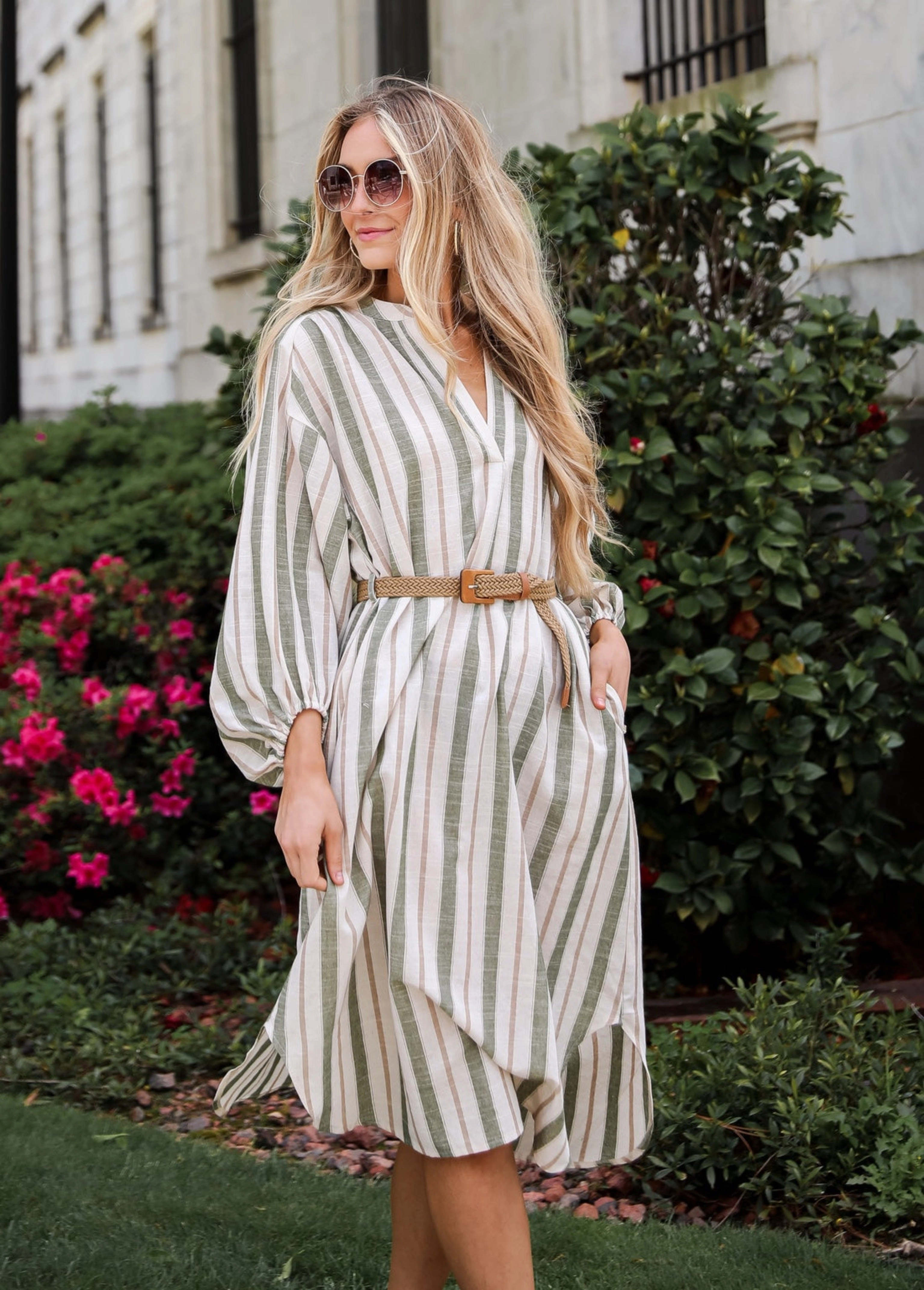 FINAL SALE - Poised Affection Light Olive Striped Midi Dress