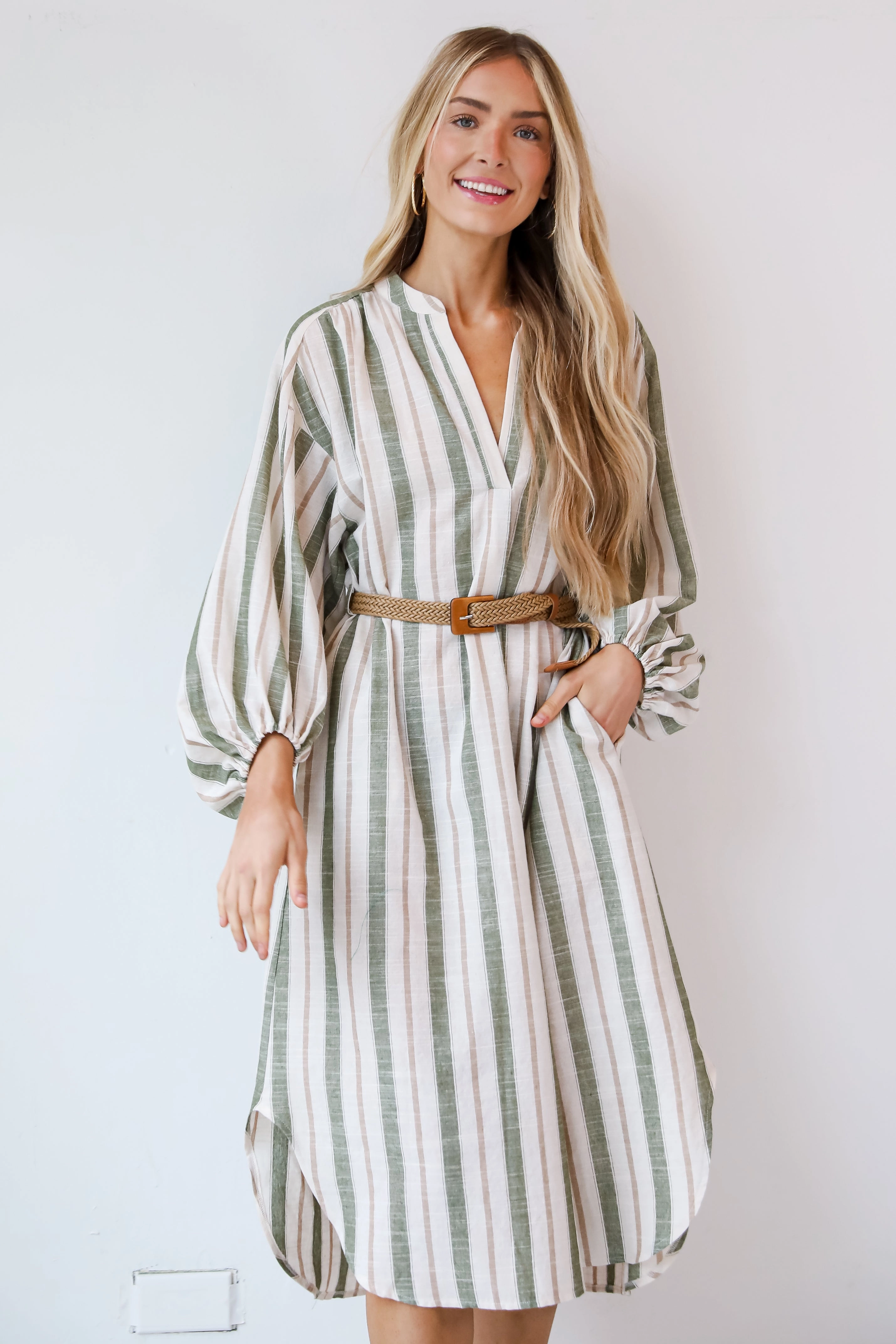 FINAL SALE - Poised Affection Light Olive Striped Midi Dress