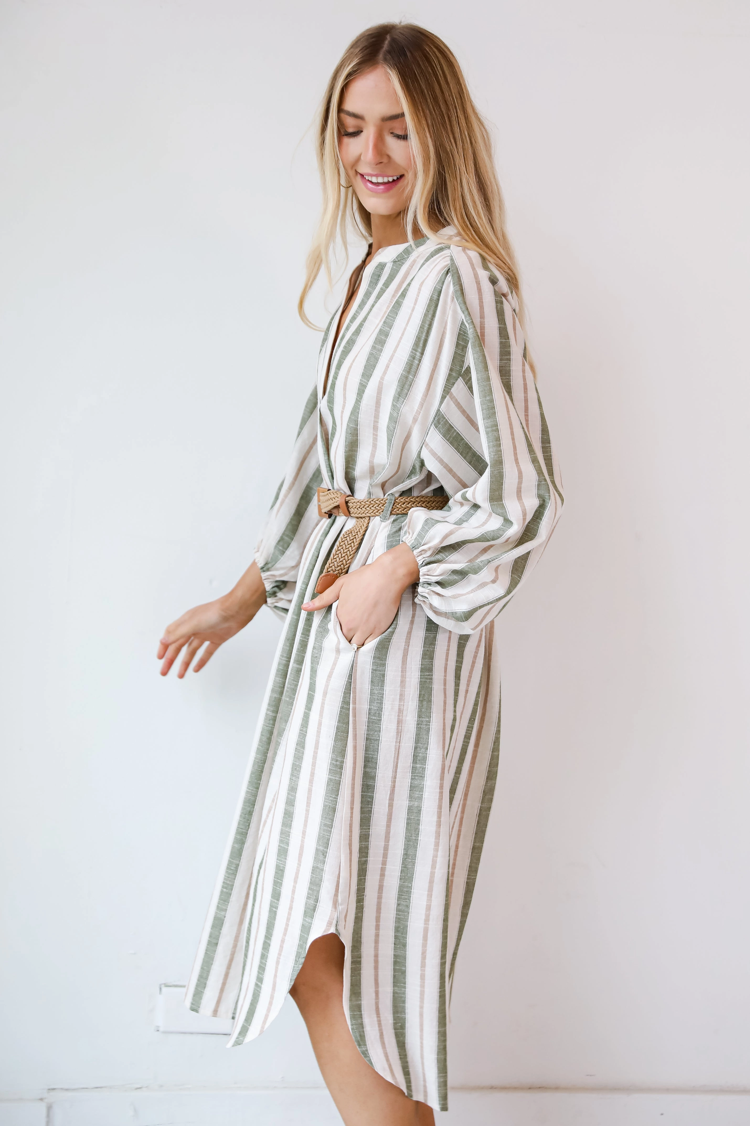 FINAL SALE - Poised Affection Light Olive Striped Midi Dress