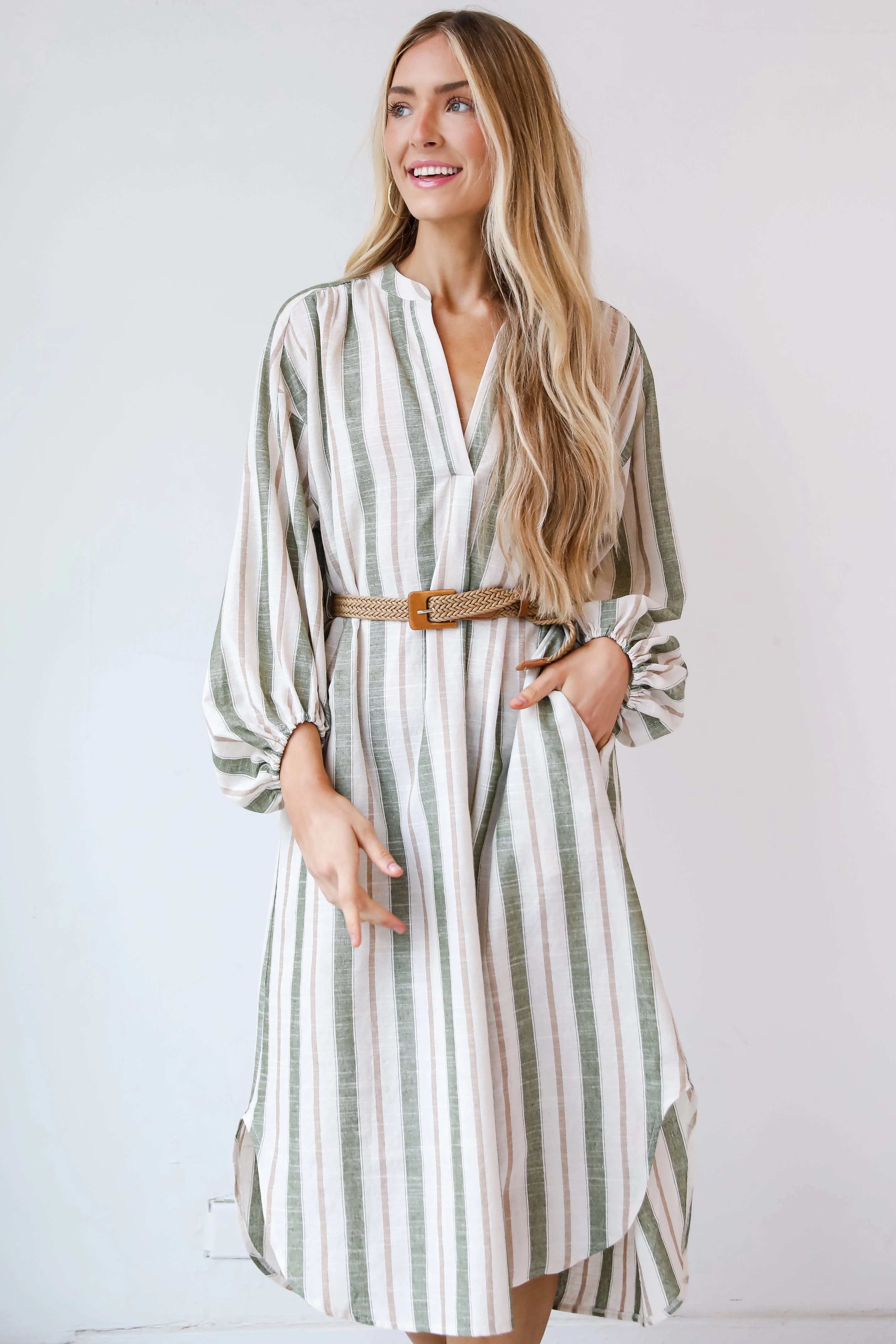 FINAL SALE - Poised Affection Light Olive Striped Midi Dress
