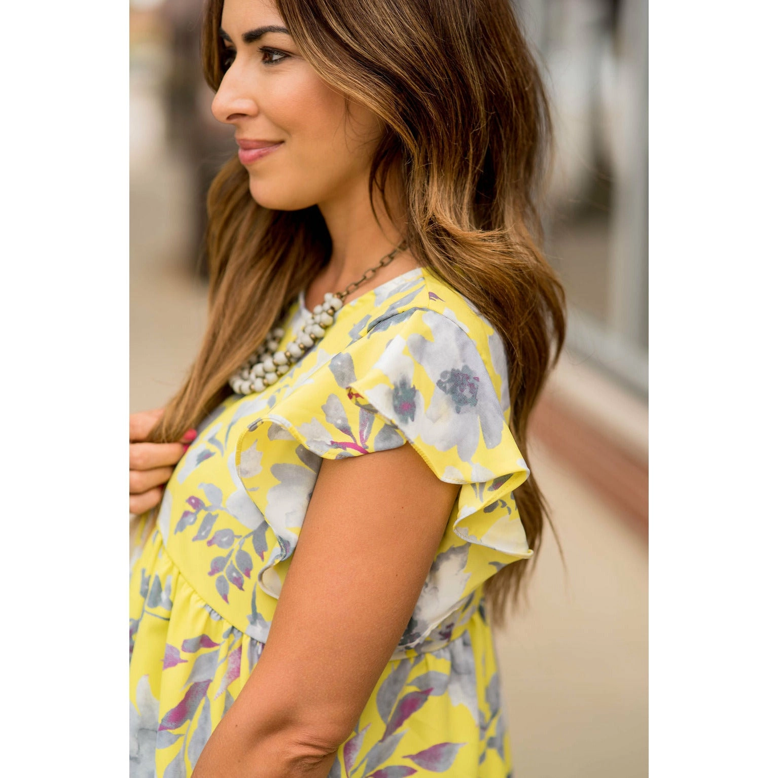 Pale Yellow Ruffle Sleeve Floral Blouse