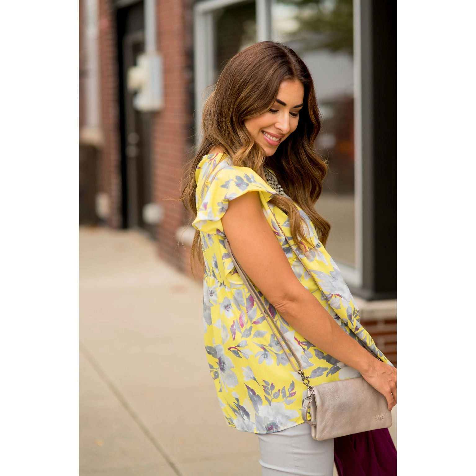Pale Yellow Ruffle Sleeve Floral Blouse