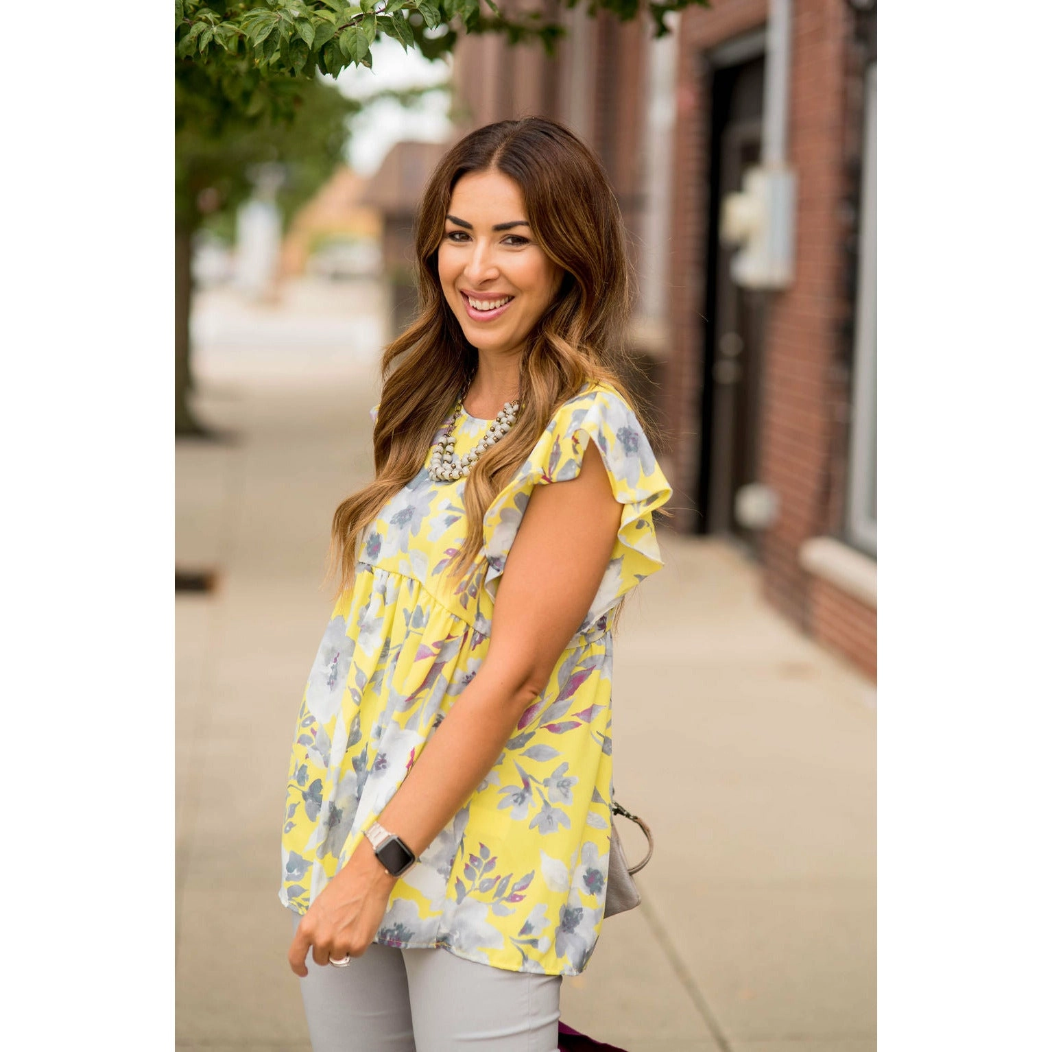 Pale Yellow Ruffle Sleeve Floral Blouse