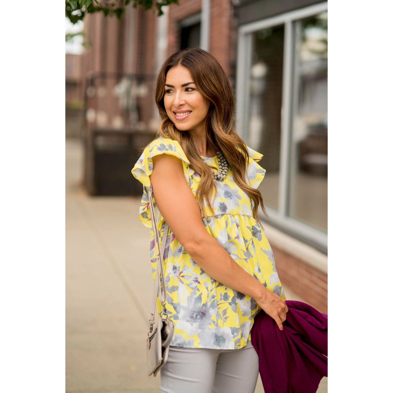 Pale Yellow Ruffle Sleeve Floral Blouse
