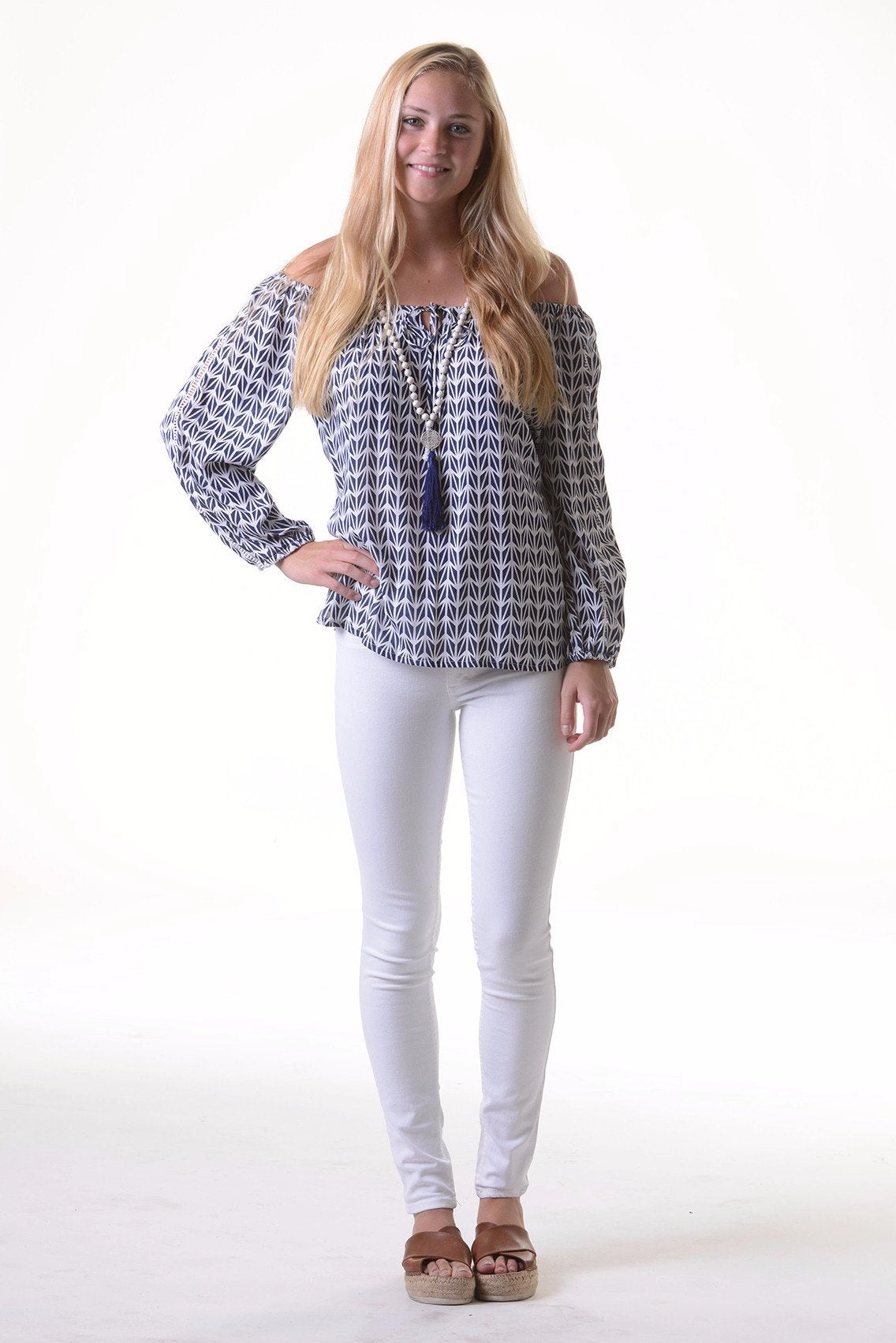 Peasant Top / Navy Geometric