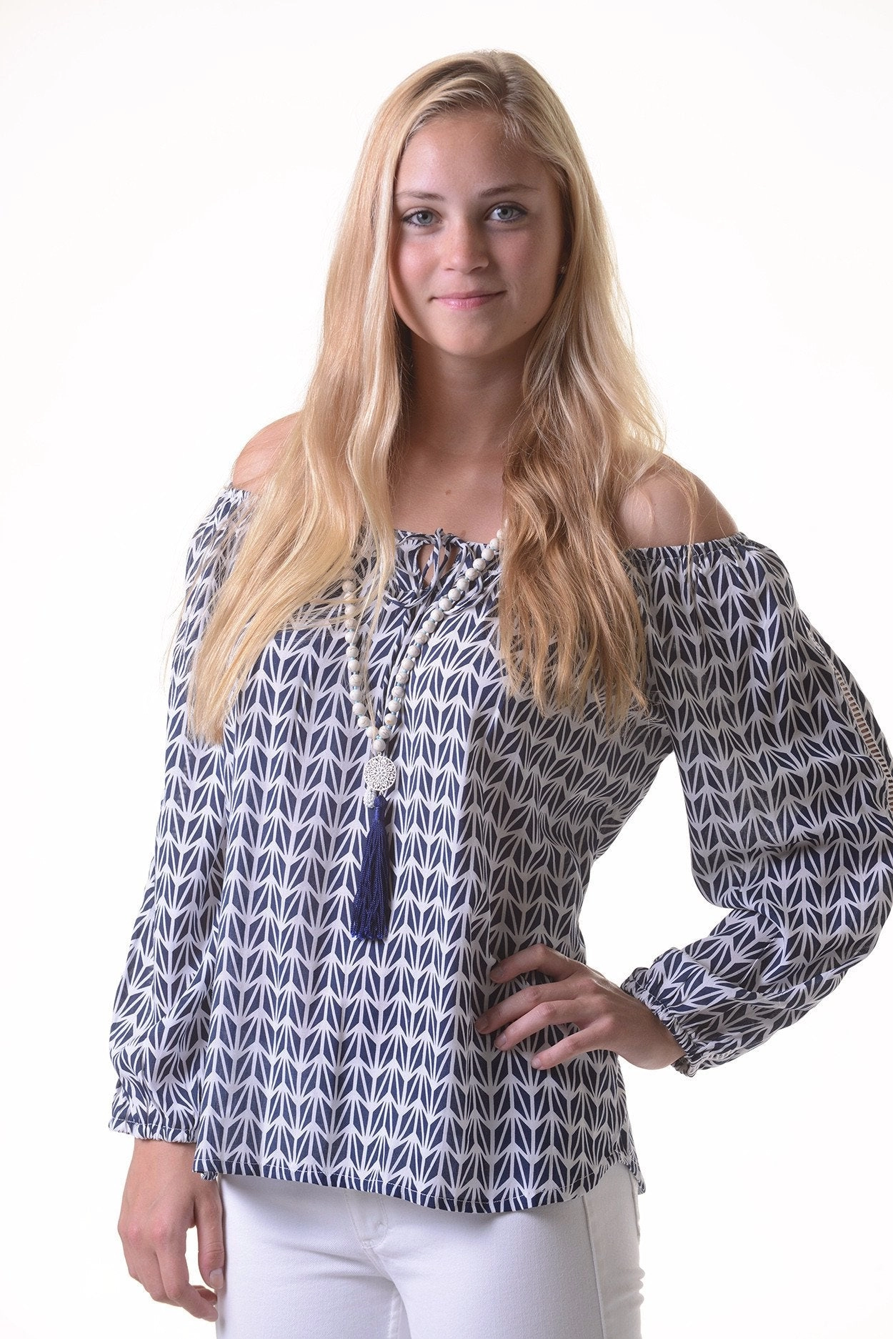 Peasant Top / Navy Geometric
