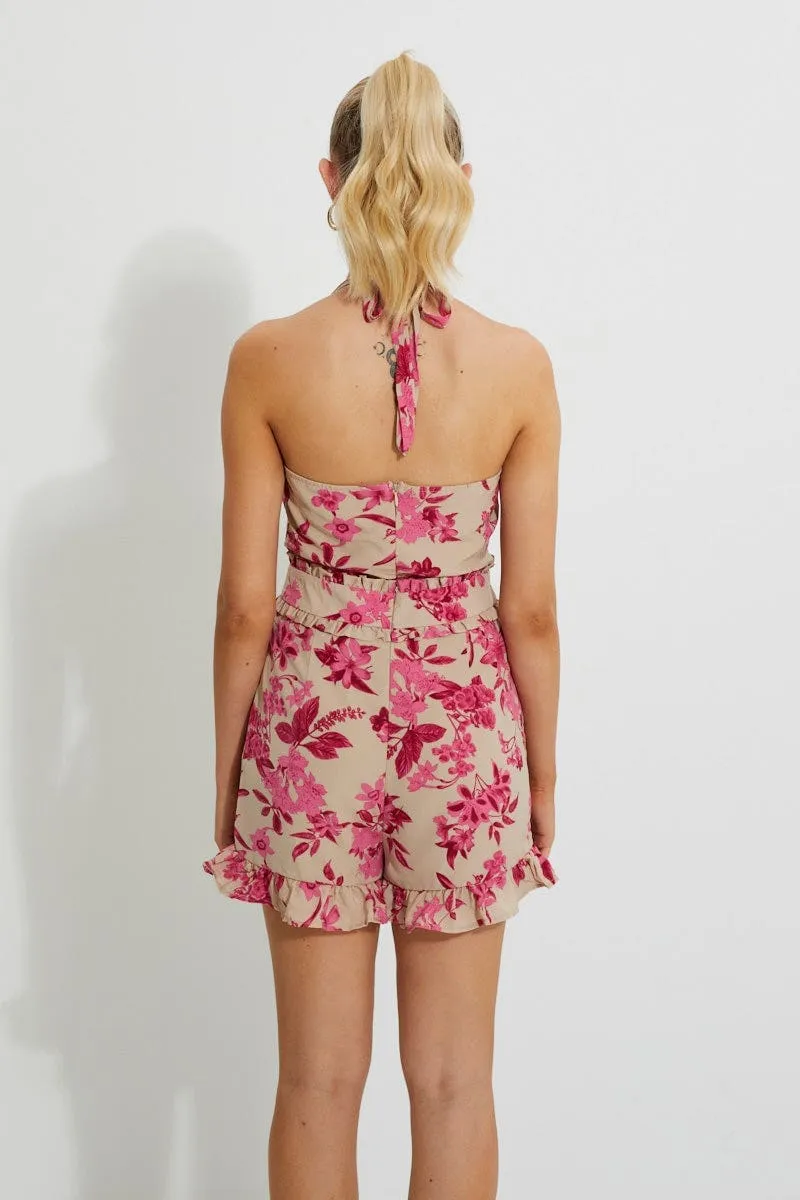Print Designer Halterneck Ruffle Playsuit