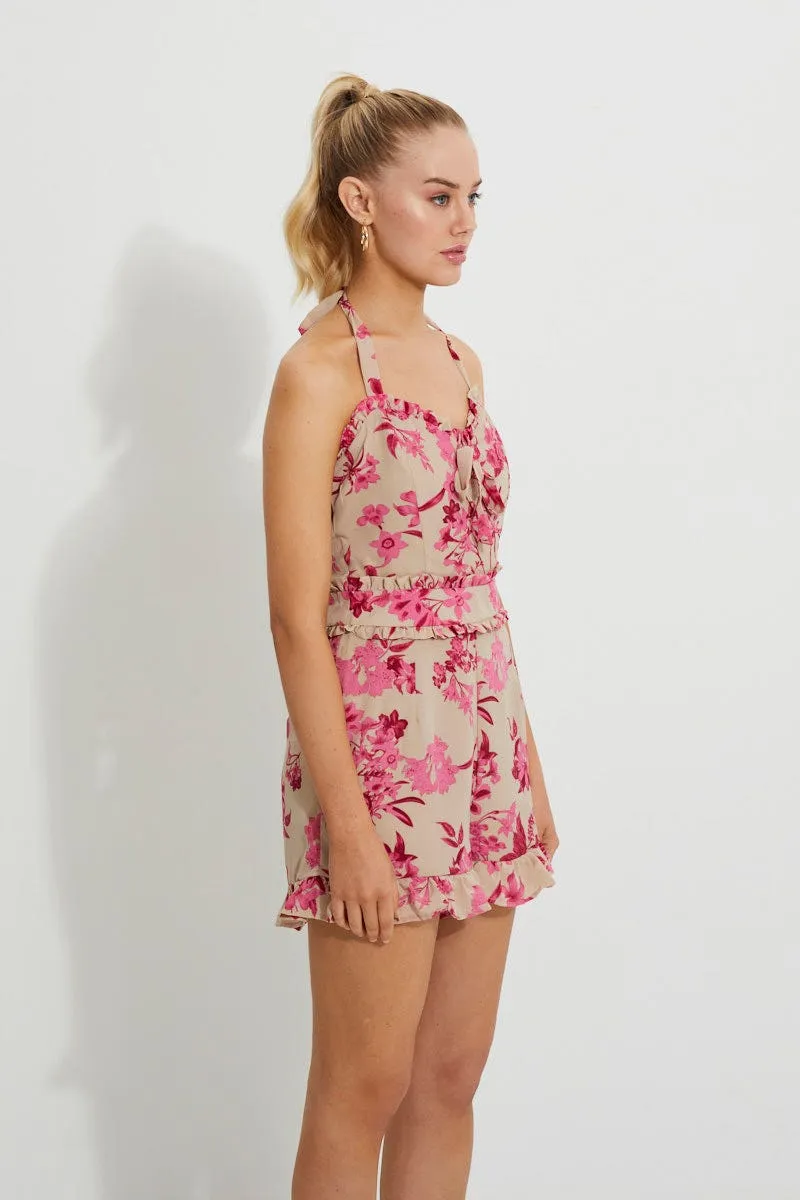 Print Designer Halterneck Ruffle Playsuit