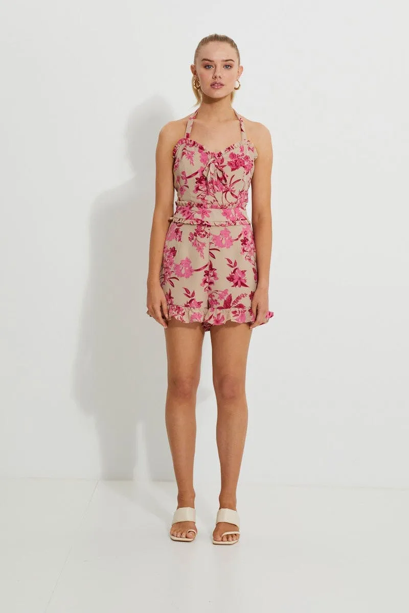 Print Designer Halterneck Ruffle Playsuit