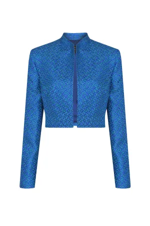 Royal Blue and Bright Green Printed Silk/Wool Short Jacket - Hermione