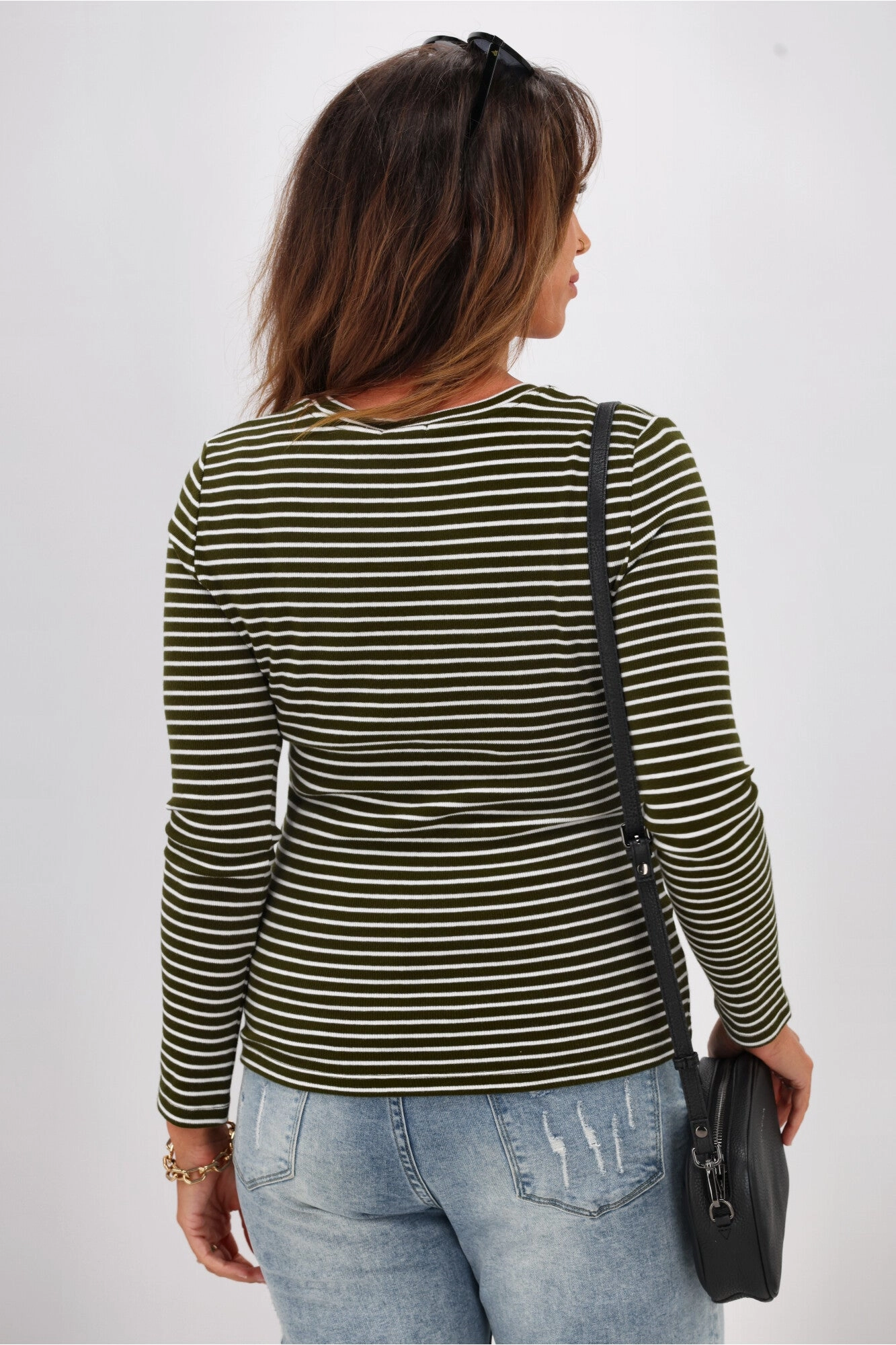 Shine On Essentials Stripe Rib Long Sleeve Olive and White