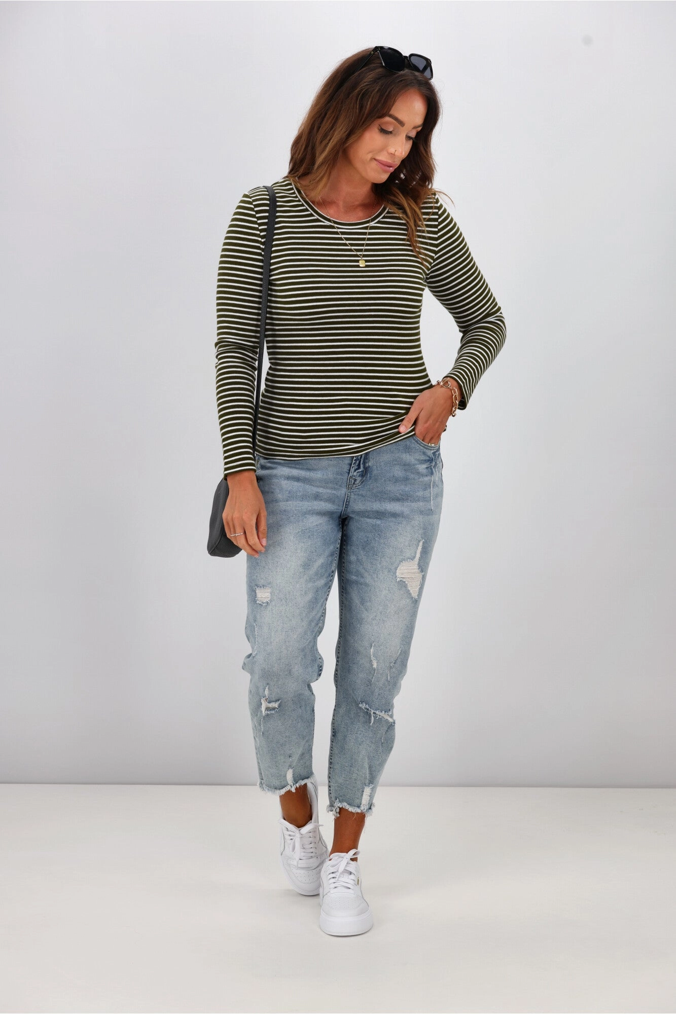 Shine On Essentials Stripe Rib Long Sleeve Olive and White