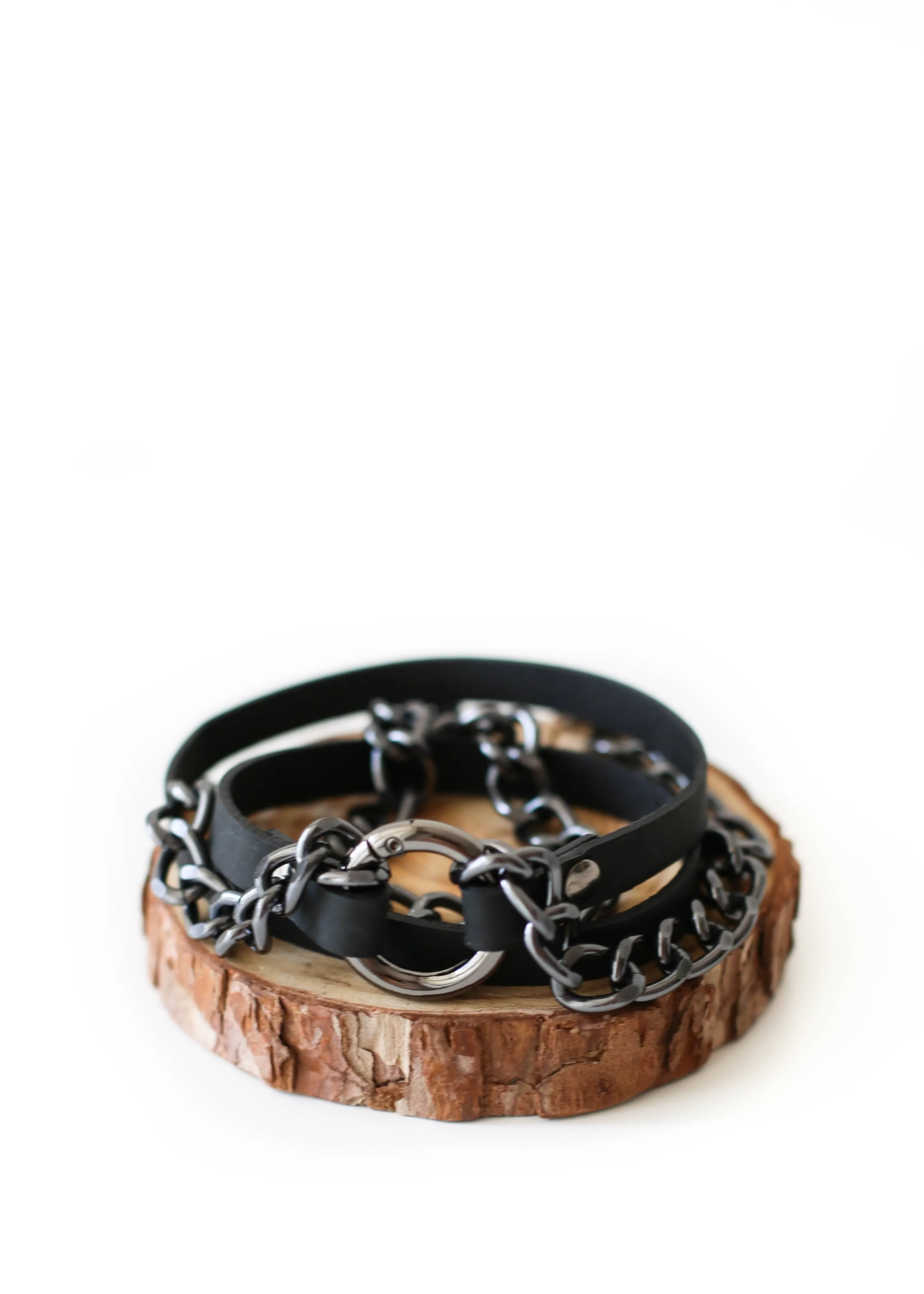 Small Ring Black Leather Bracelet w/ Black Chain