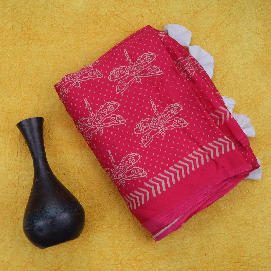 Vibrant Pink Printed Satin Silk Saree.