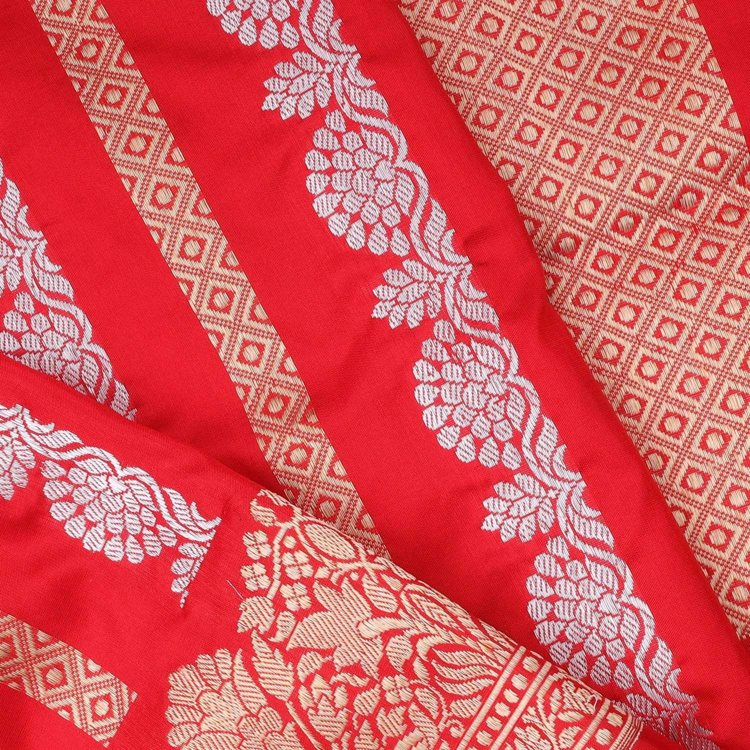 Vibrant Red Banarasi Silk Saree With Floral Stripes Pattern