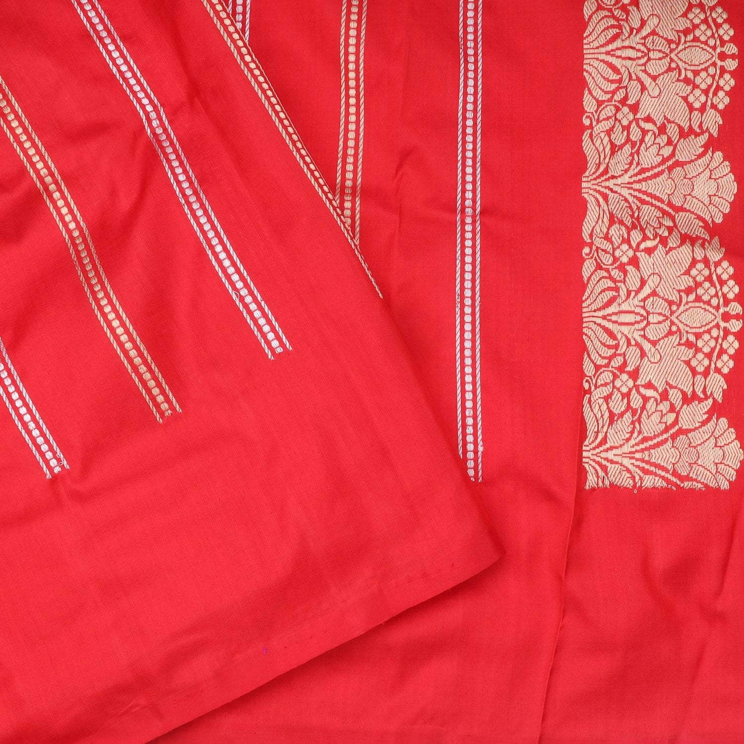 Vibrant Red Banarasi Silk Saree With Floral Stripes Pattern