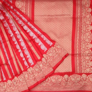 Vibrant Red Banarasi Silk Saree With Floral Stripes Pattern