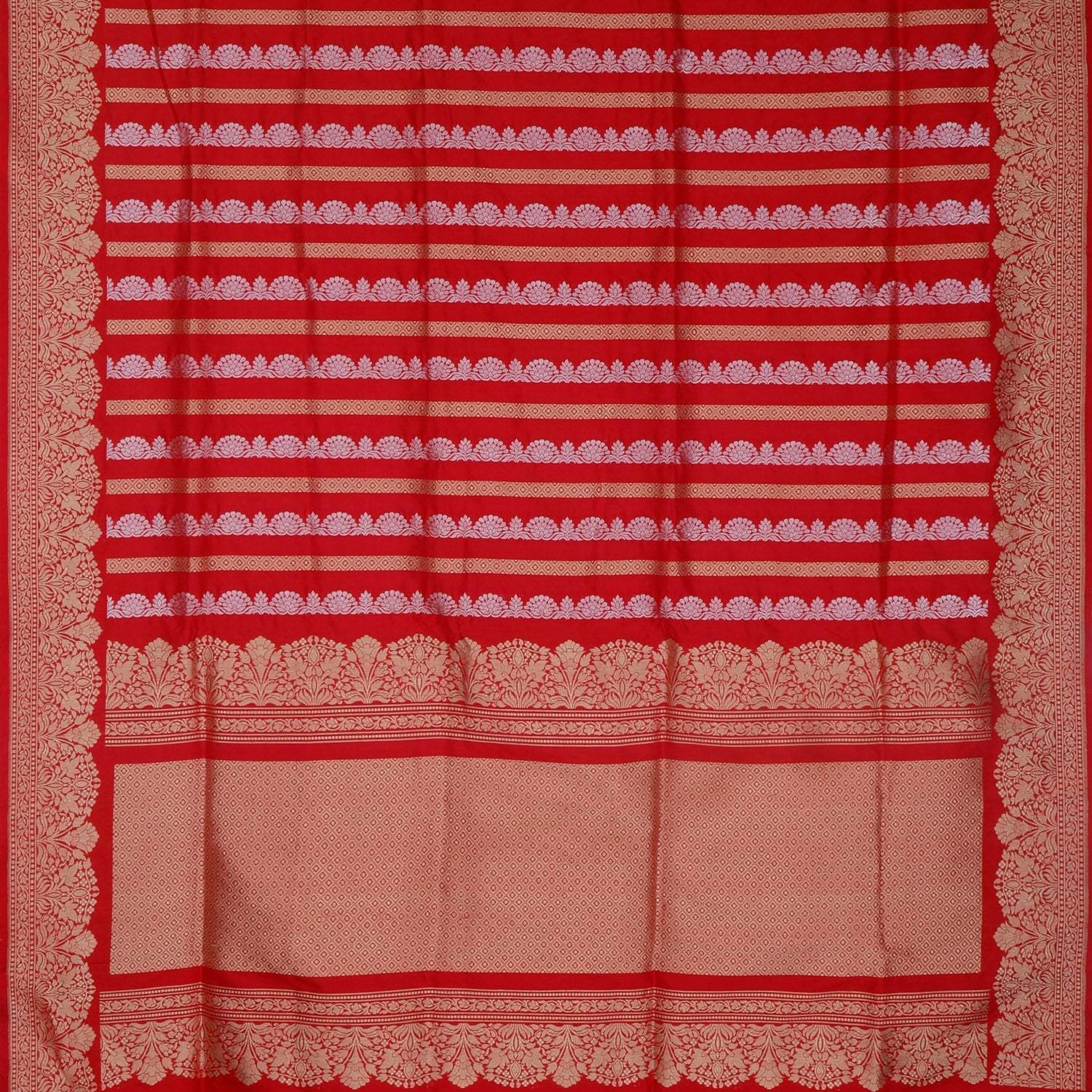Vibrant Red Banarasi Silk Saree With Floral Stripes Pattern