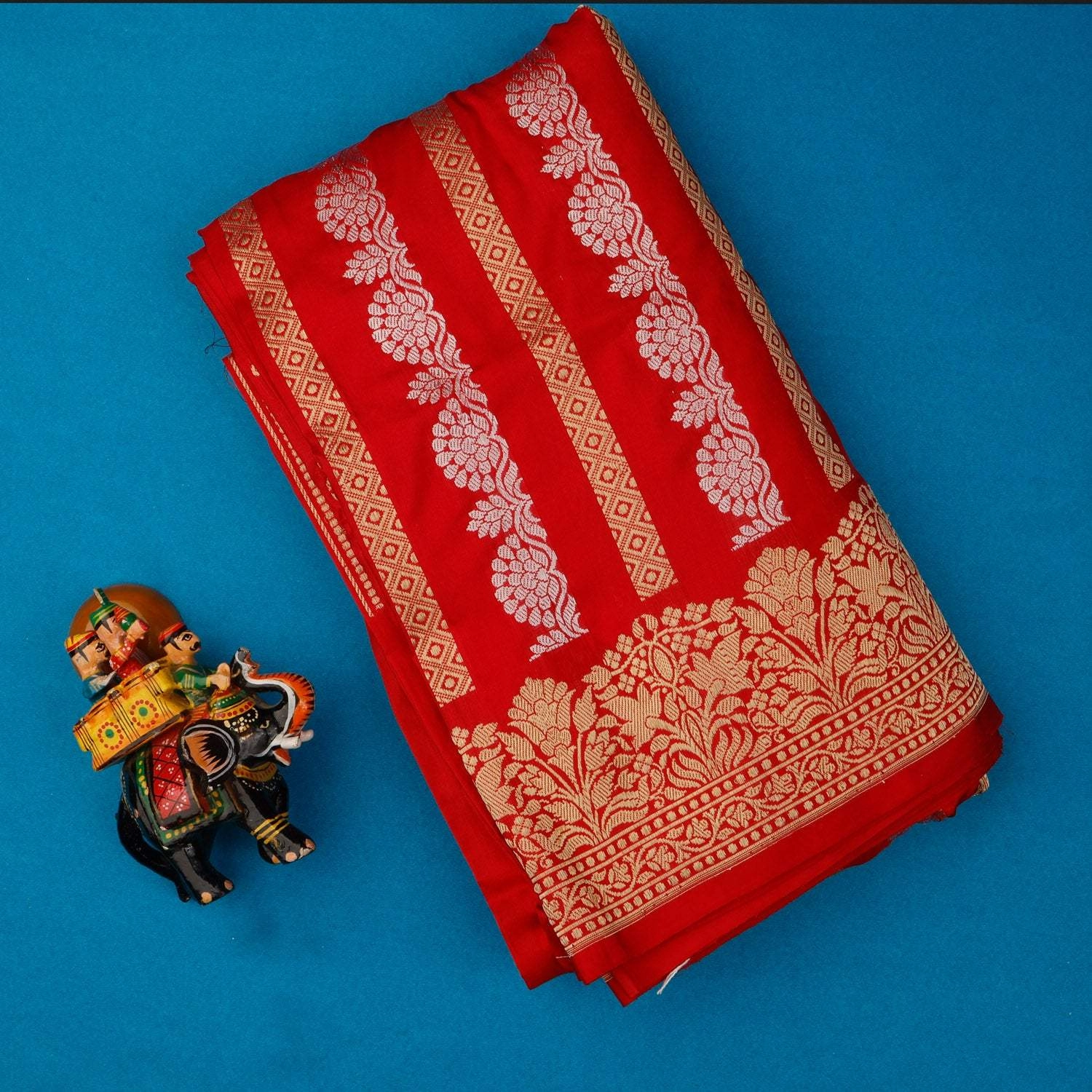 Vibrant Red Banarasi Silk Saree With Floral Stripes Pattern